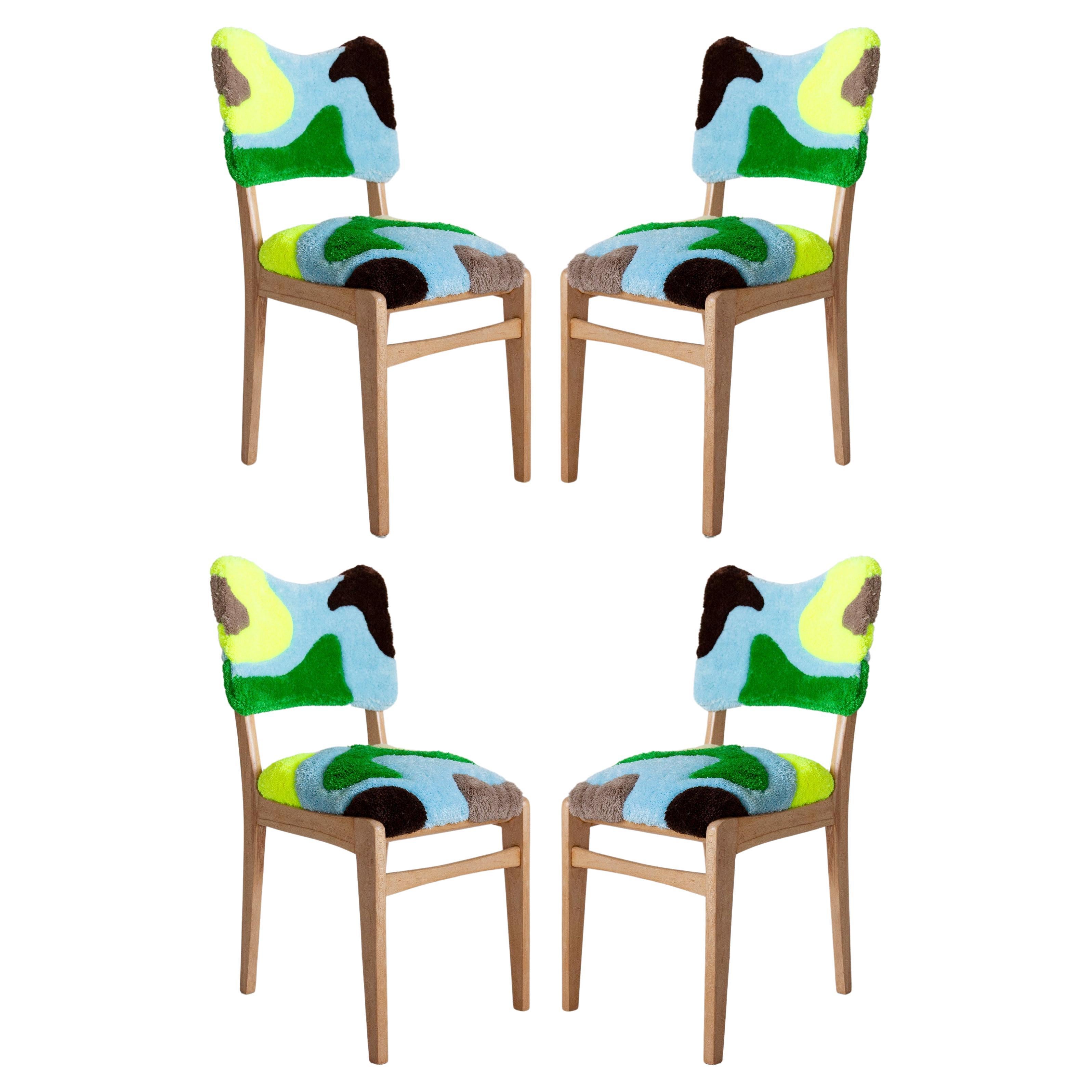 Set of Four Mid Century Tufting Chairs, Light Wood, Rajmund Halas, Poland, 1960s For Sale