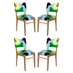 Vintage Set of Four Mid Century Tufting Chairs, Light Wood, Rajmund Halas, Poland, 1960s