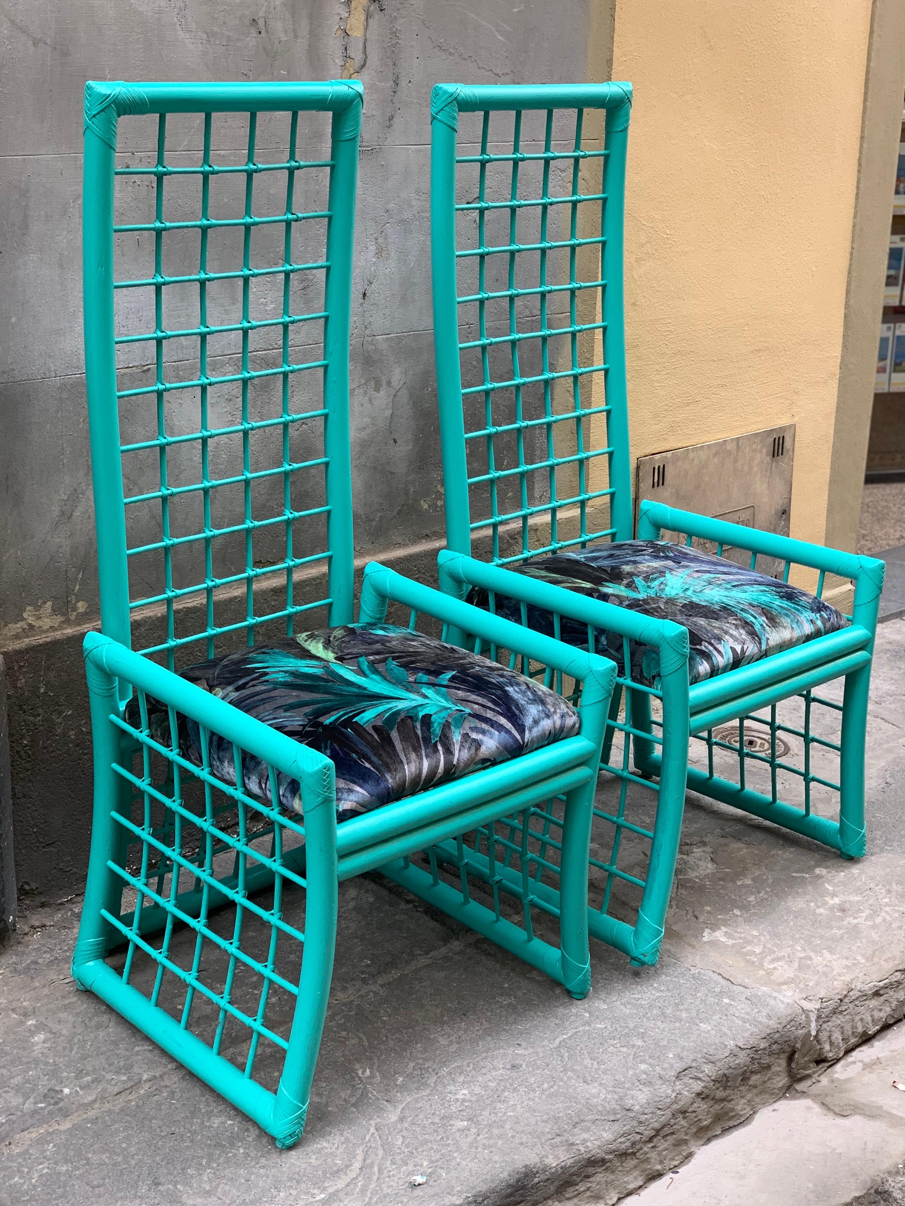 Set of Four Mid-Century Turquoise Bamboo Chairs with Floreal Velvet Seats 4