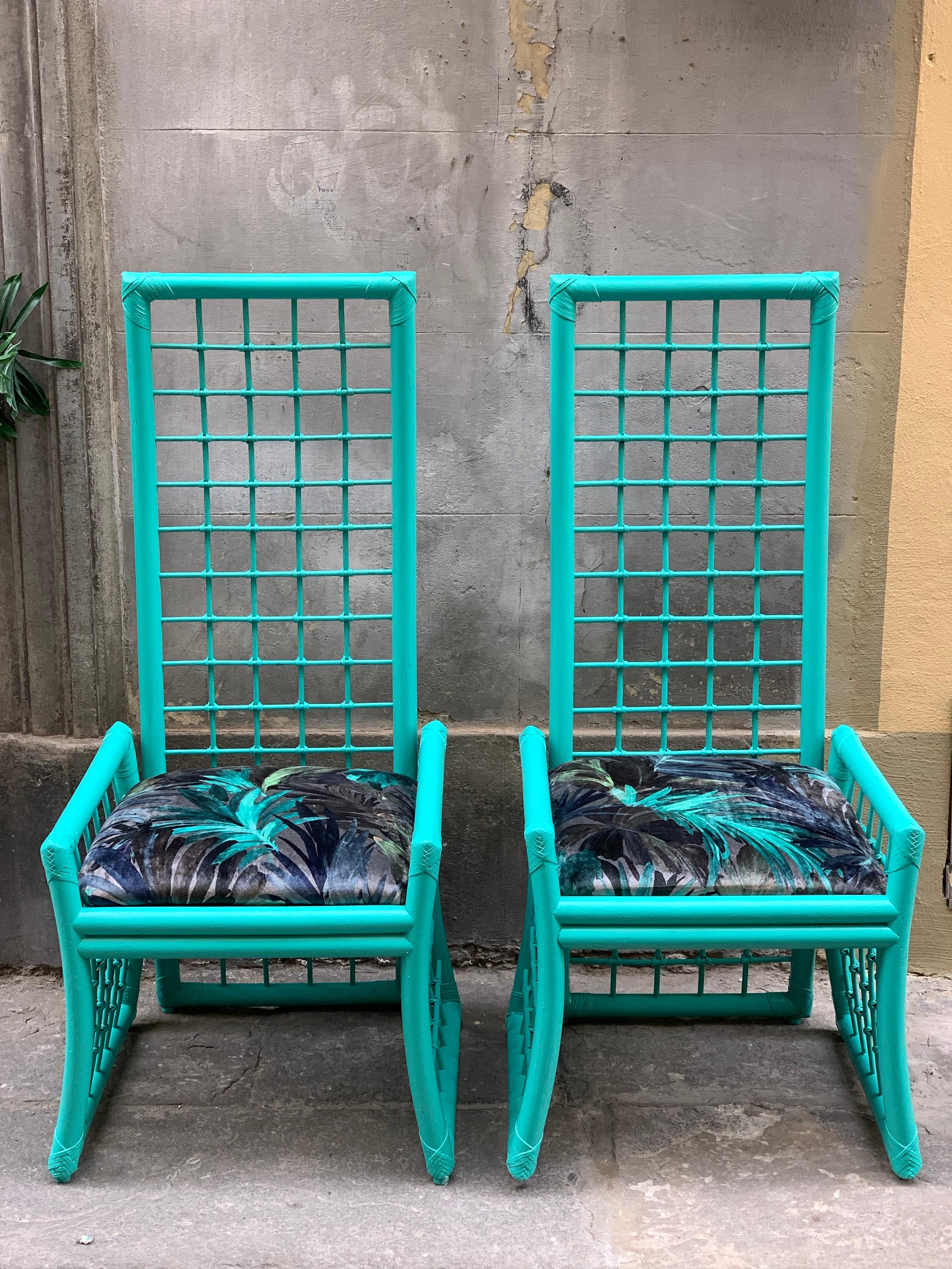 Set of Four Mid-Century Turquoise Bamboo Chairs with Floreal Velvet Seats 5