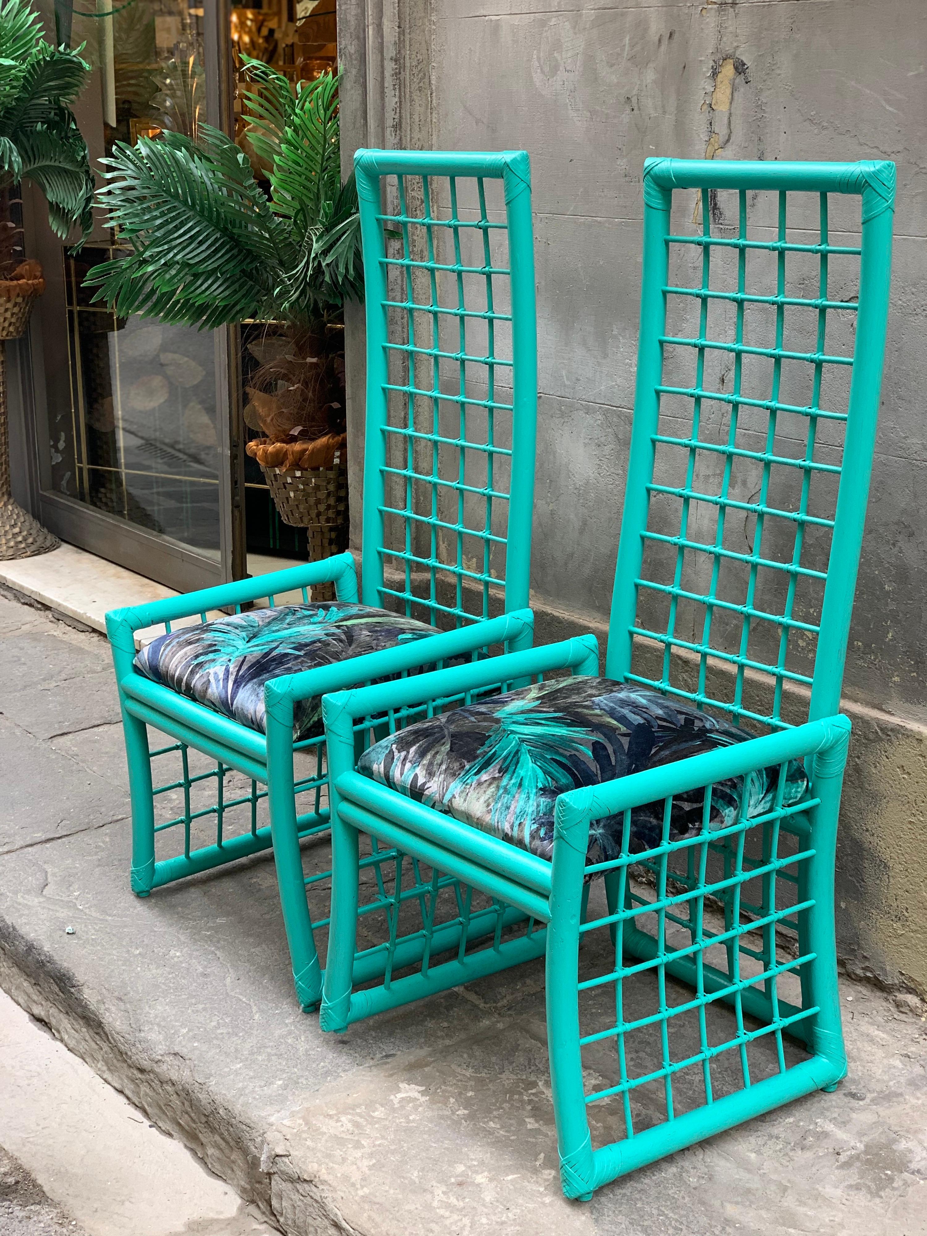 Set of Four Mid-Century Turquoise Bamboo Chairs with Floreal Velvet Seats 6
