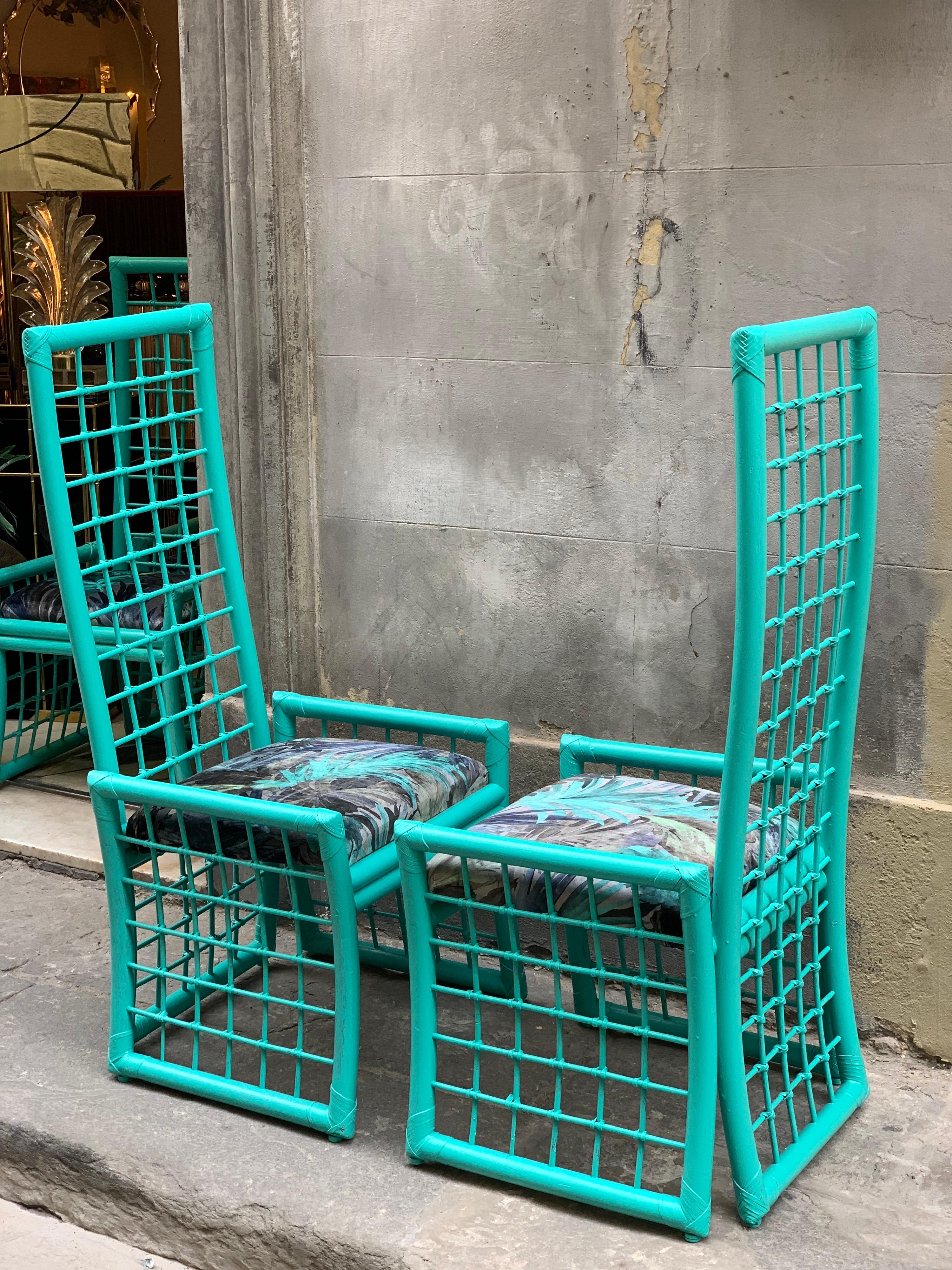 Set of Four Mid-Century Turquoise Bamboo Chairs with Floreal Velvet Seats 7
