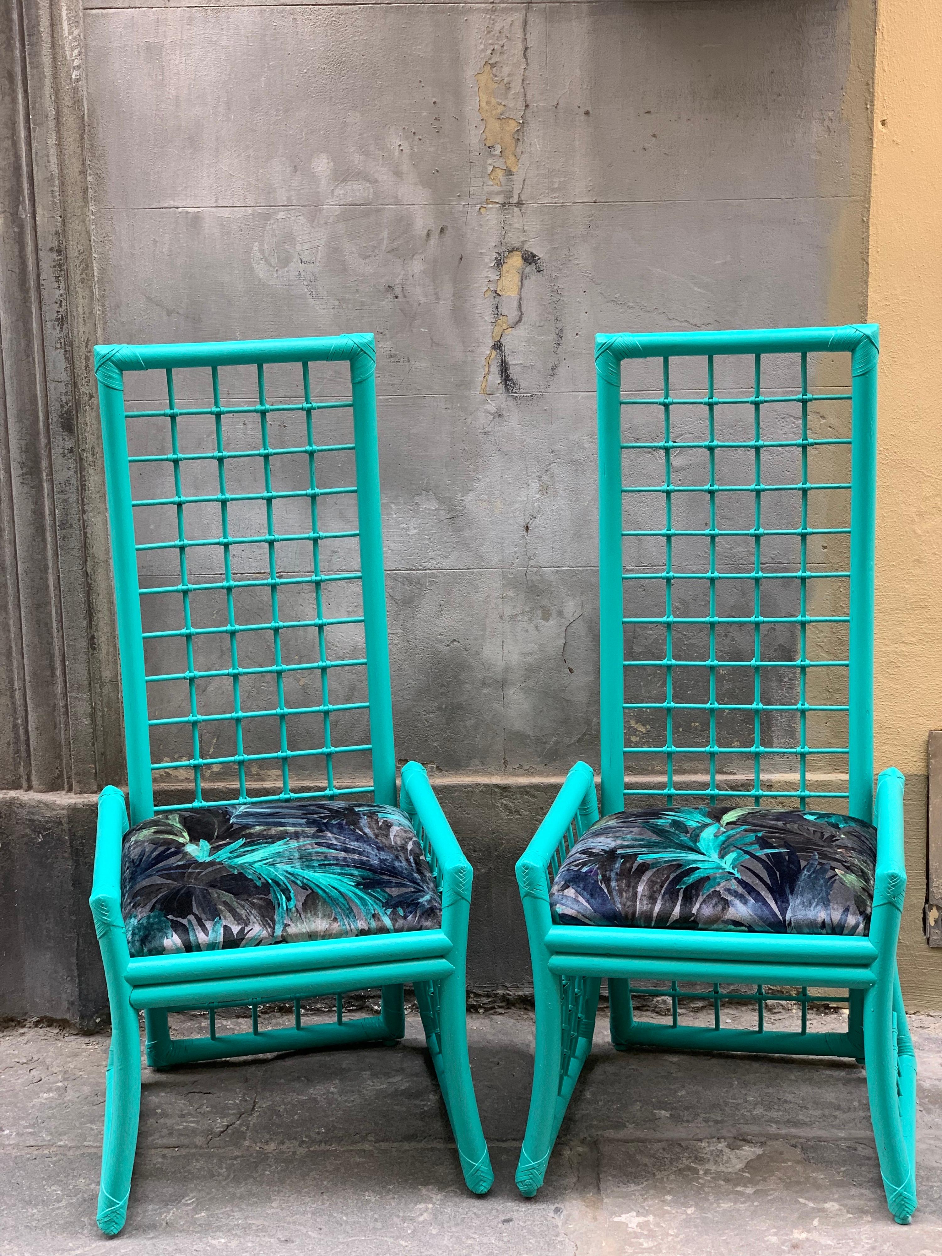 Set of Four Mid-Century Turquoise Bamboo Chairs with Floreal Velvet Seats 9
