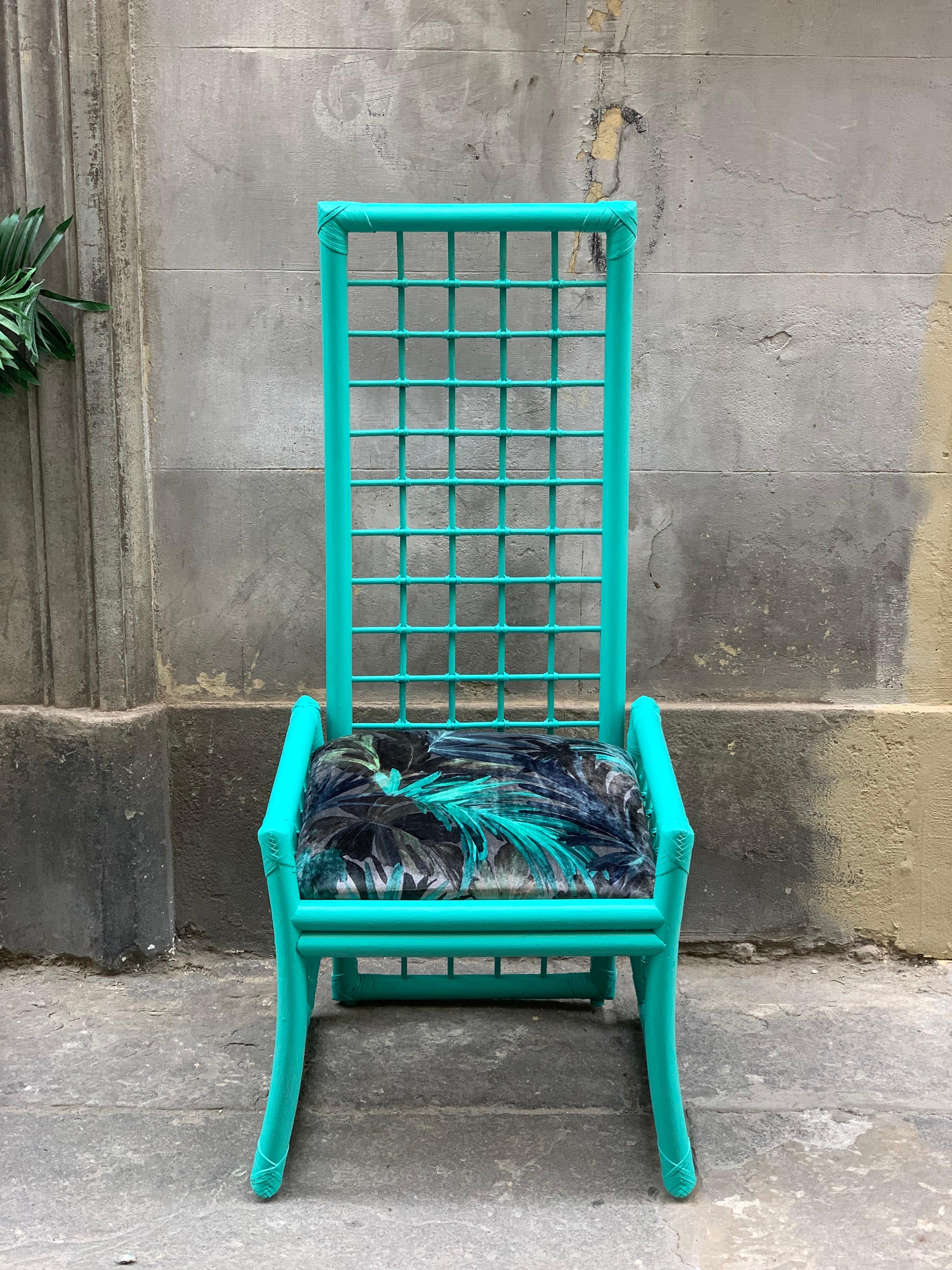 Set of Four Mid-Century Turquoise Bamboo Chairs with Floreal Velvet Seats 10