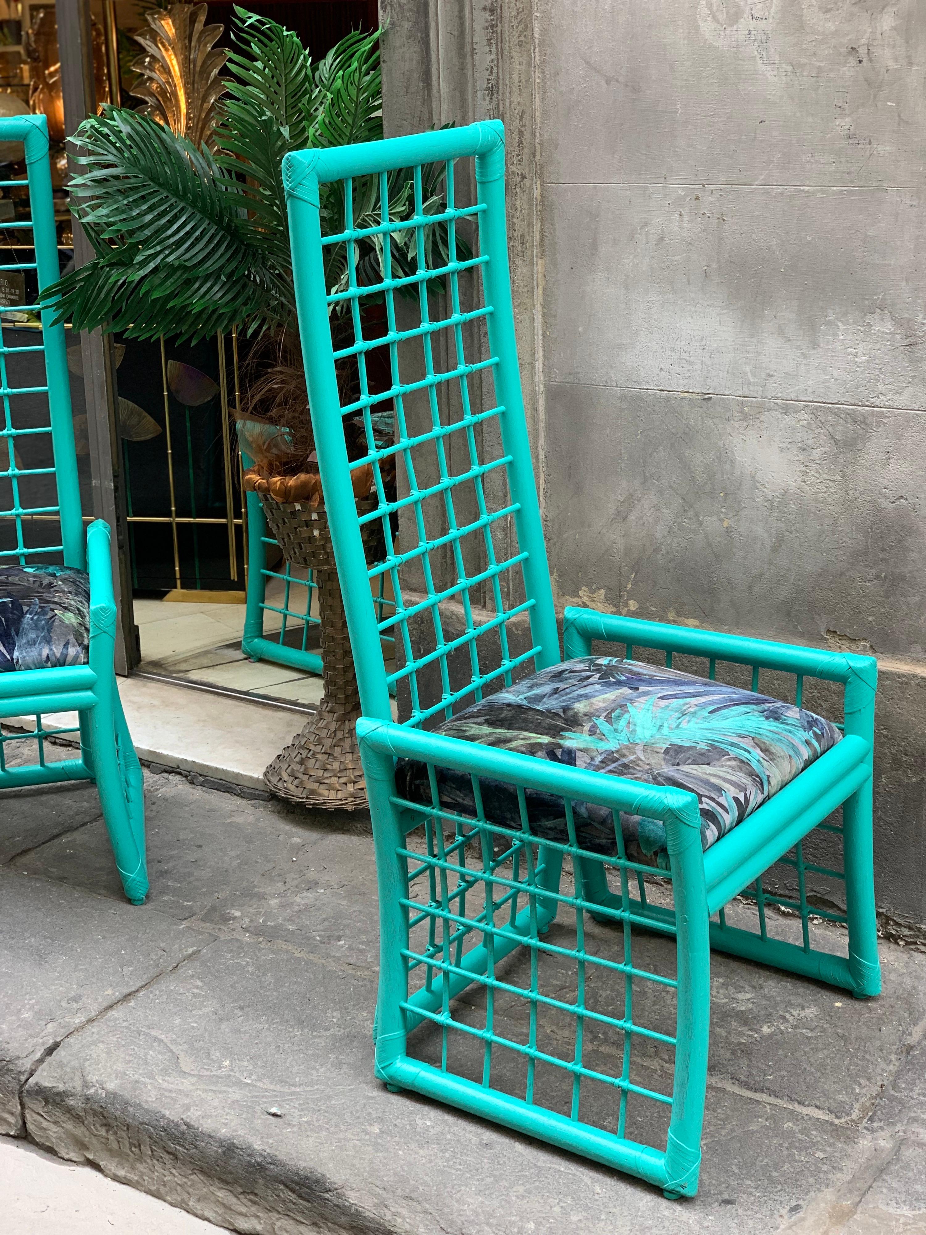 Set of Four Mid-Century Turquoise Bamboo Chairs with Floreal Velvet Seats 11