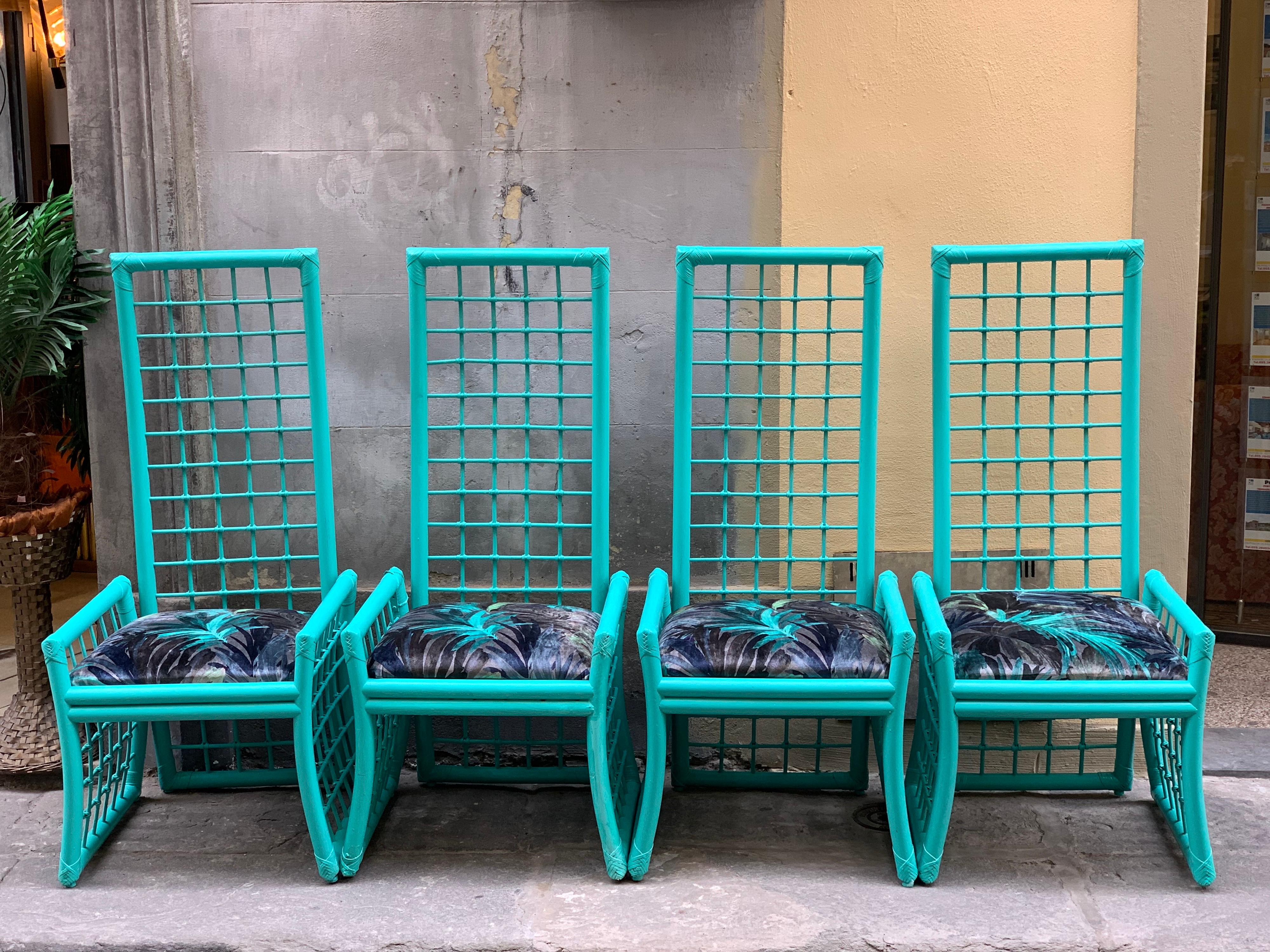 Set of Four Mid-Century turquoise bamboo chairs with newly upholstered floreal velvet seats.
 
