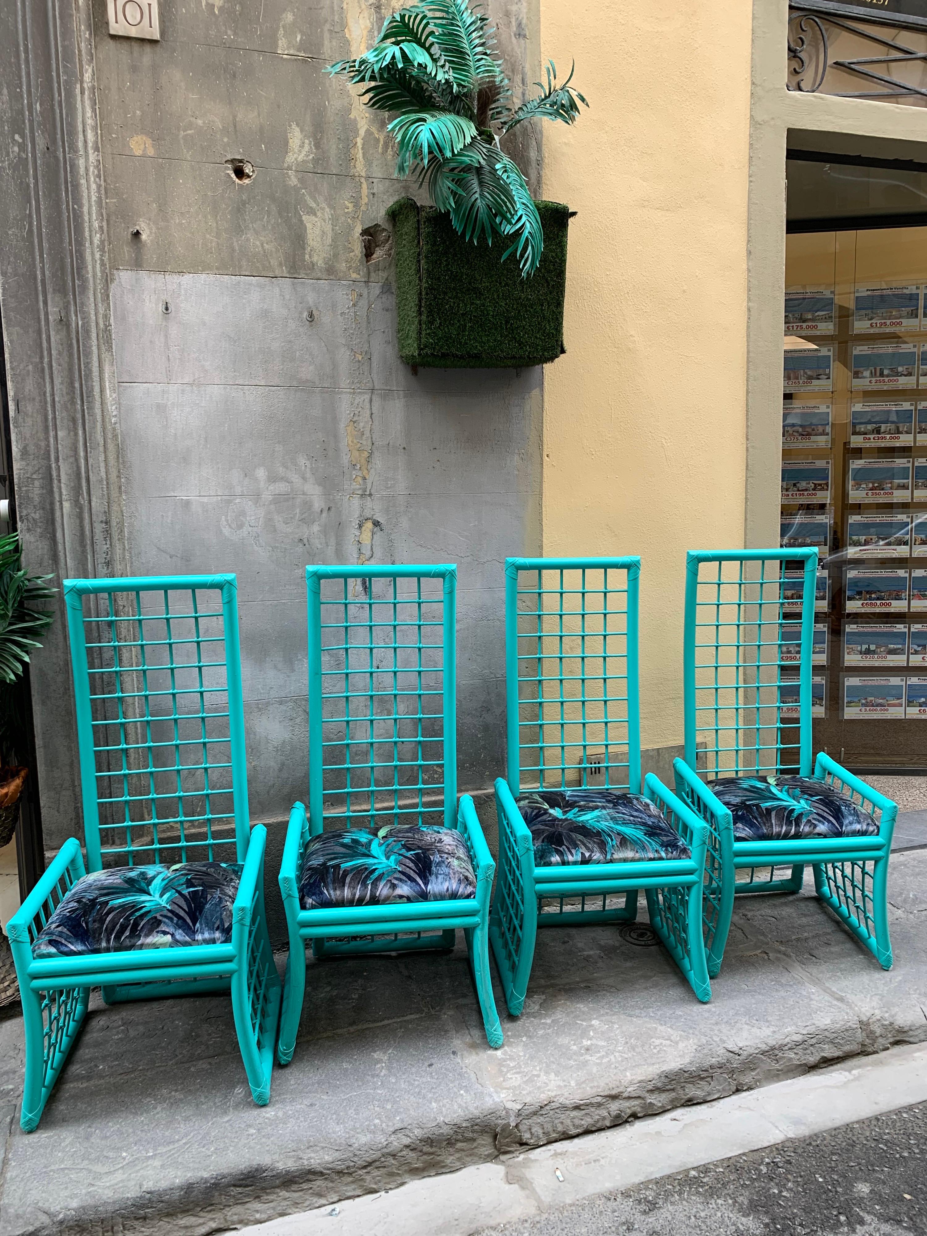 Mid-Century Modern Set of Four Mid-Century Turquoise Bamboo Chairs with Floreal Velvet Seats