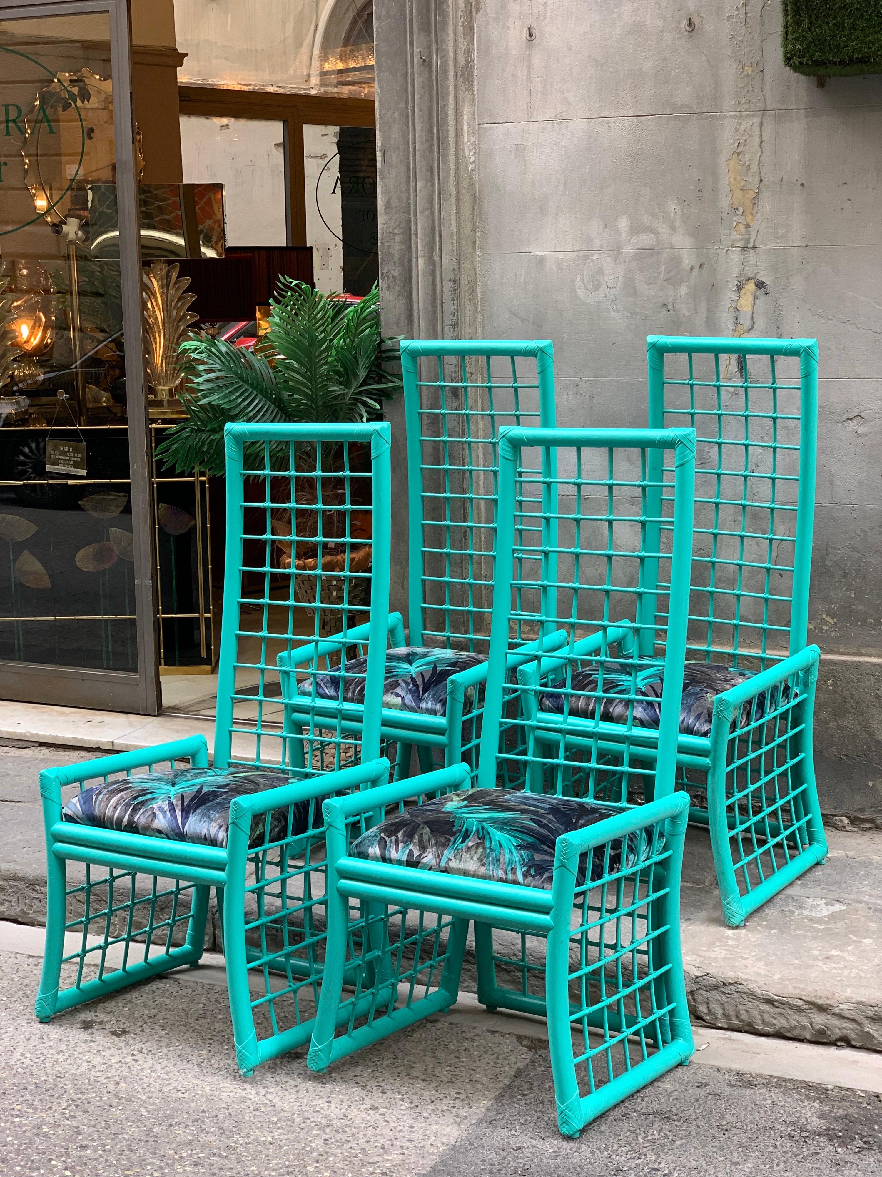 Italian Set of Four Mid-Century Turquoise Bamboo Chairs with Floreal Velvet Seats