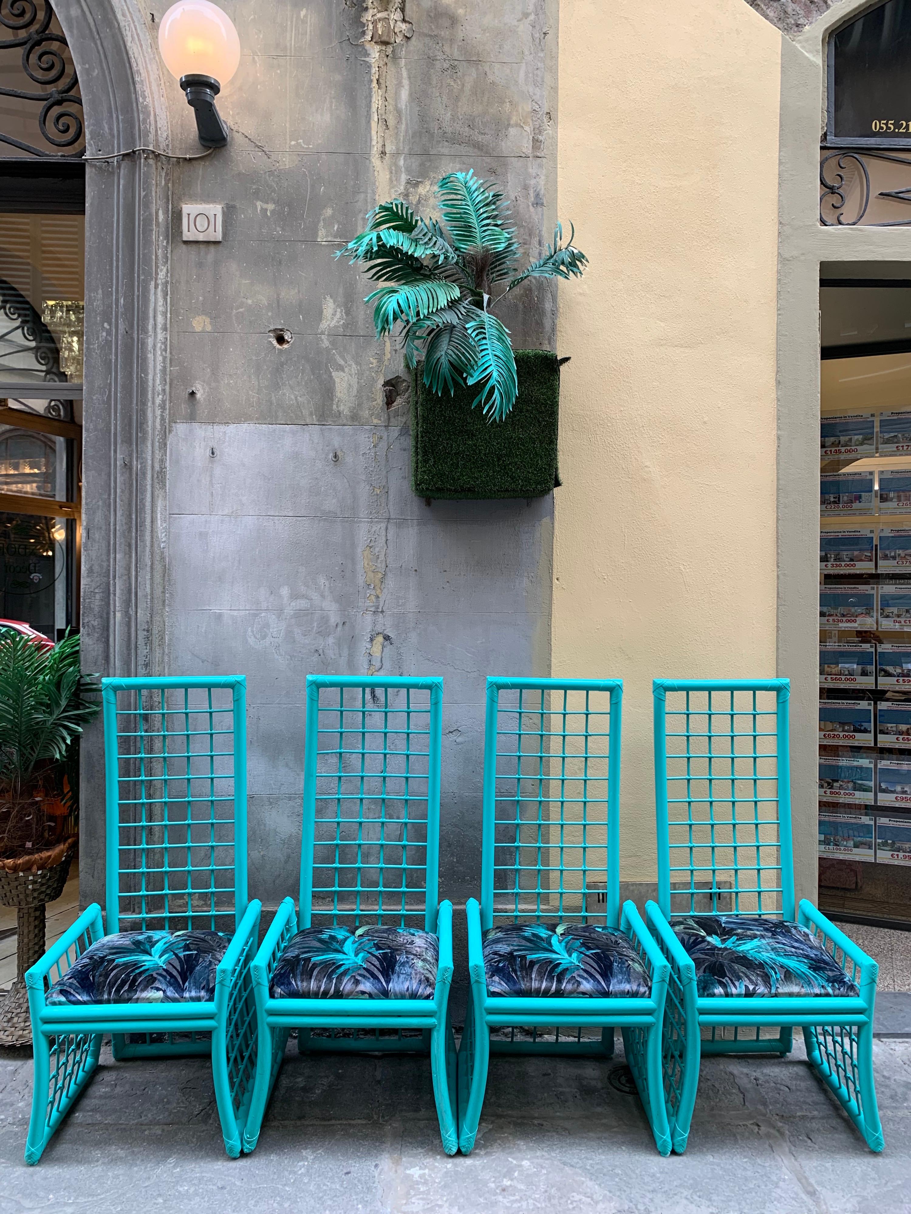 Set of Four Mid-Century Turquoise Bamboo Chairs with Floreal Velvet Seats In Good Condition In Florence, IT