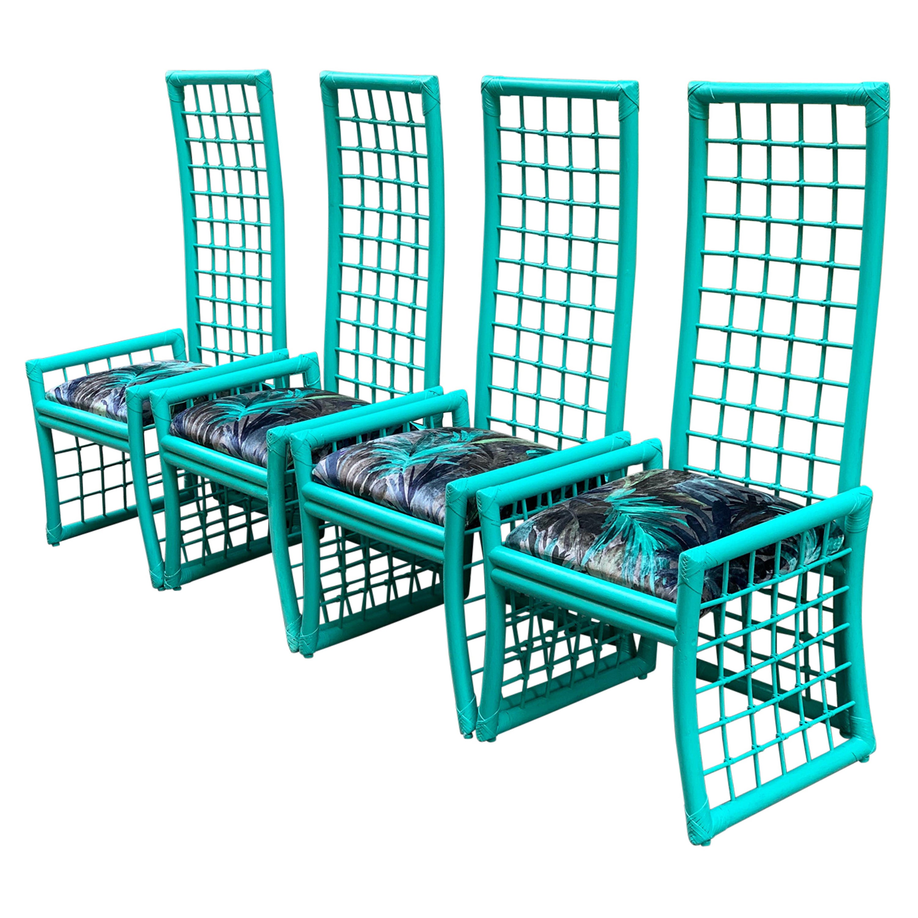 Set of Four Mid-Century Turquoise Bamboo Chairs with Floreal Velvet Seats For Sale