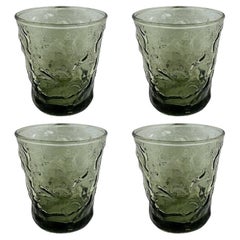 Set of four Mid Century Retro Glass Green Crinkle Juice Glasses