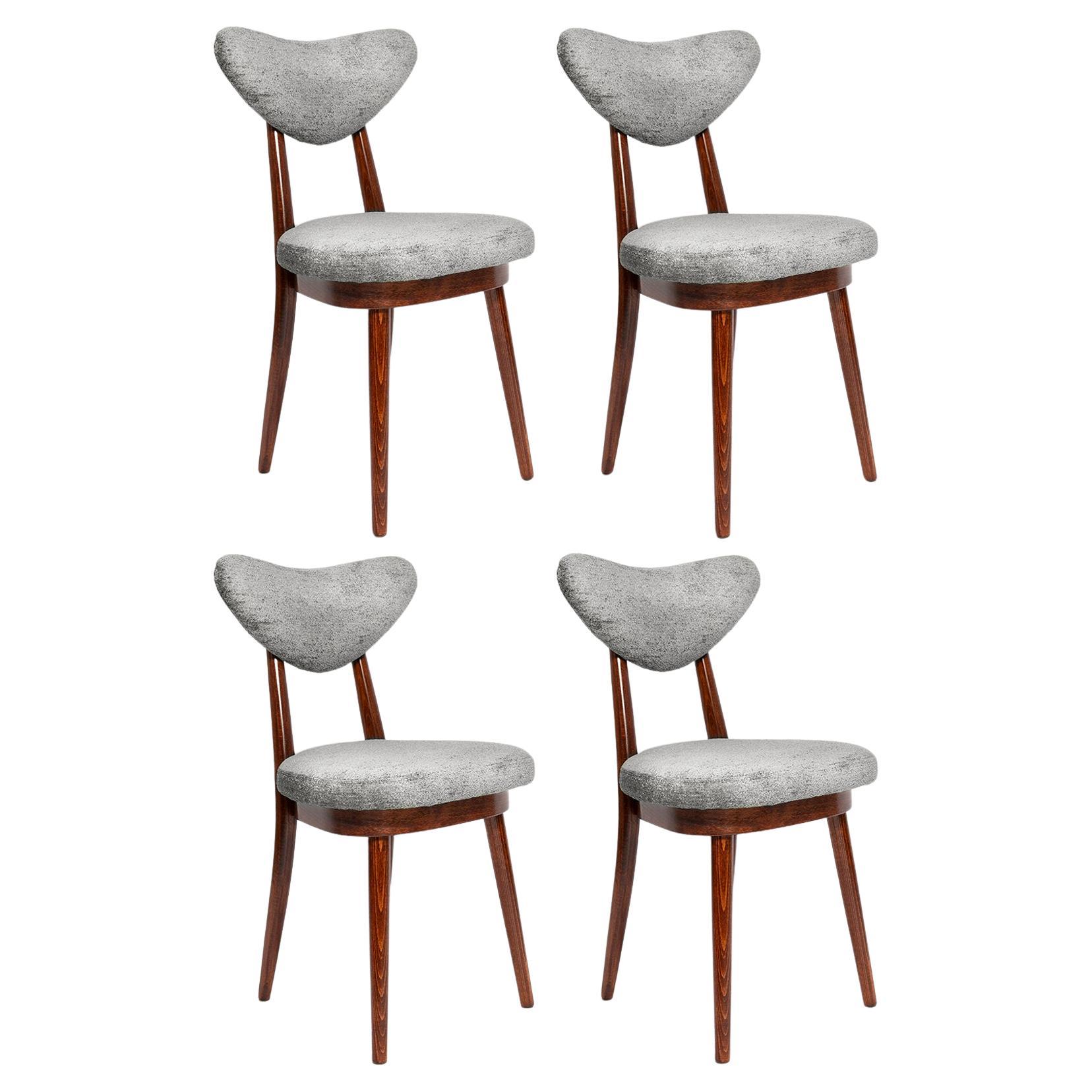 Set of Four Mid Century Vintage Gray Heart Velvet Chairs, Europe, 1960s For Sale