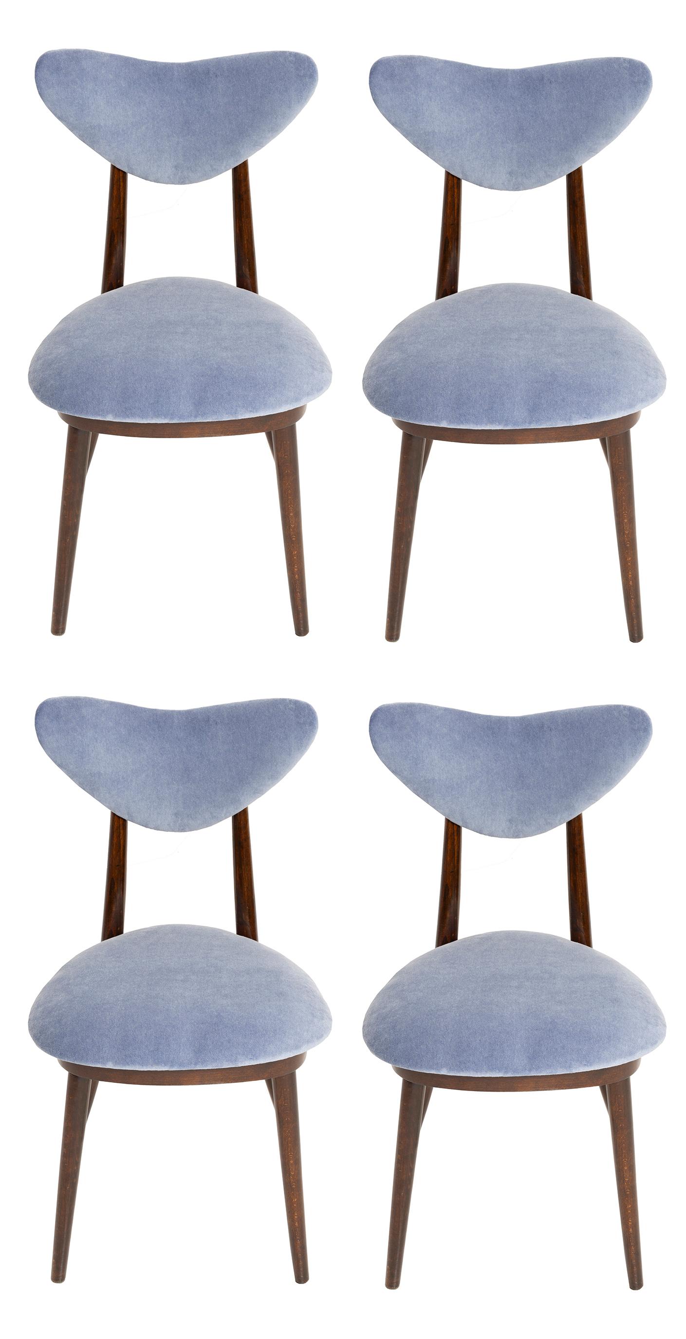 Set of Four Mid Century Violet Blue Cotton-Velvet Heart Chairs, Europe, 1960s For Sale 3