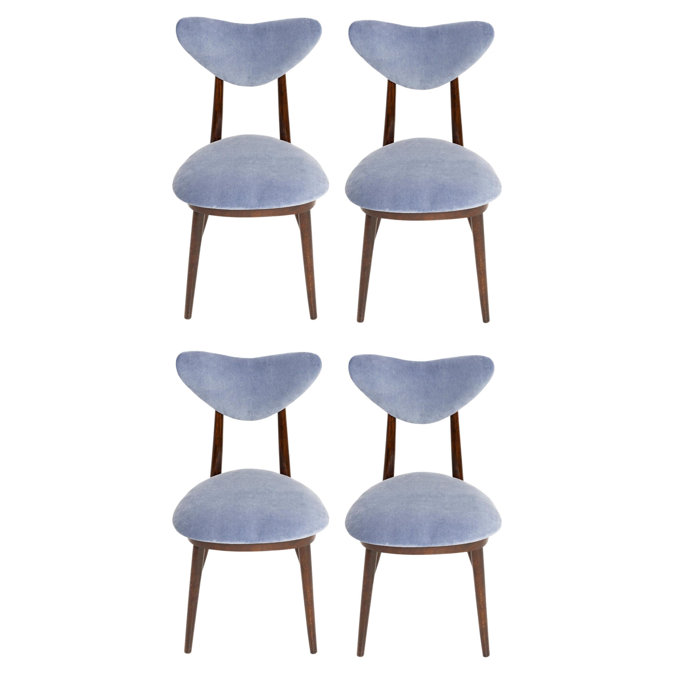 Set of Four Mid Century Violet Blue Cotton-Velvet Heart Chairs, Europe, 1960s For Sale