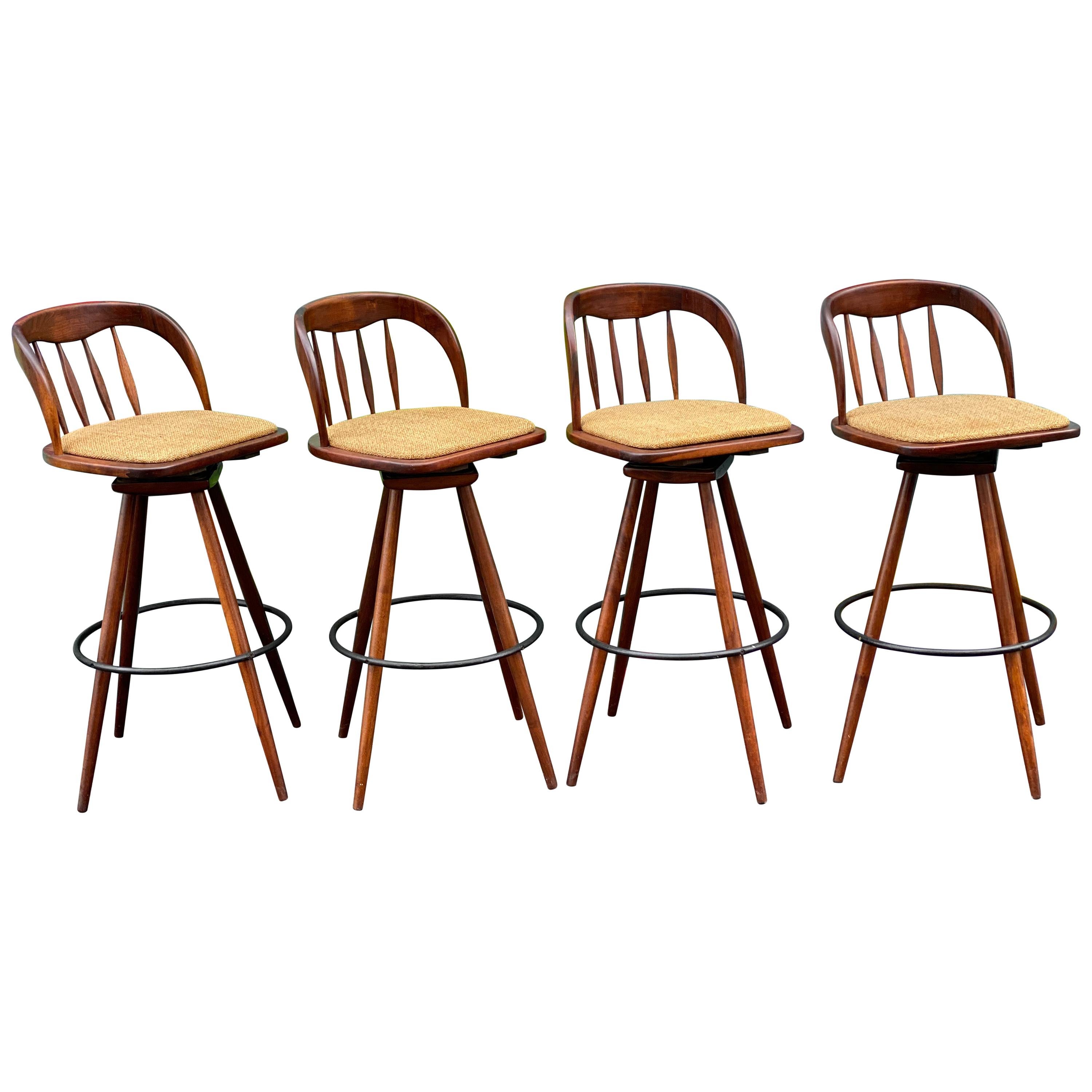 Set of Four Midcentury Walnut Barstools