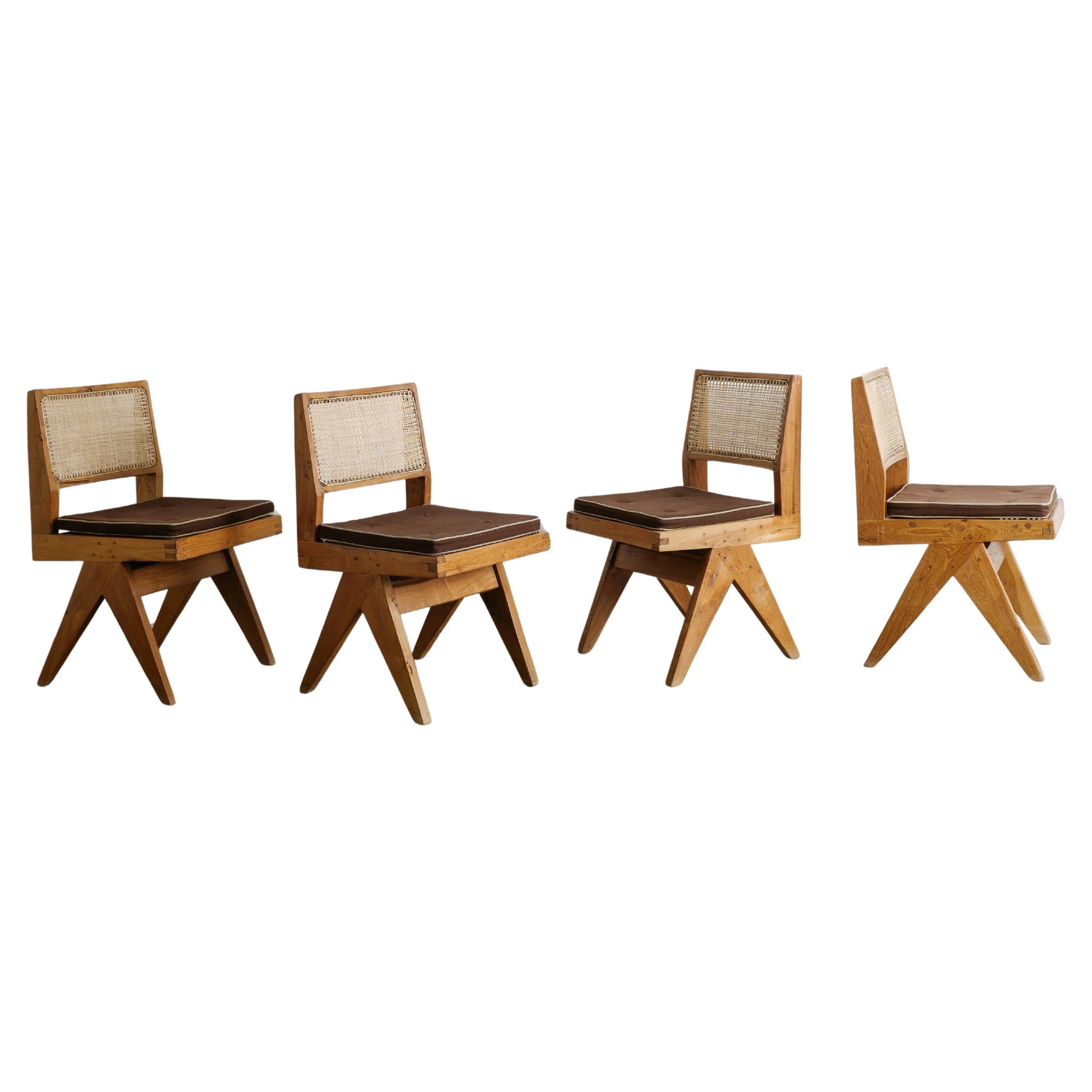 Set of Four Mid Century Wooden V-Type Dining Chairs by Pierre Jeanneret, 1950s