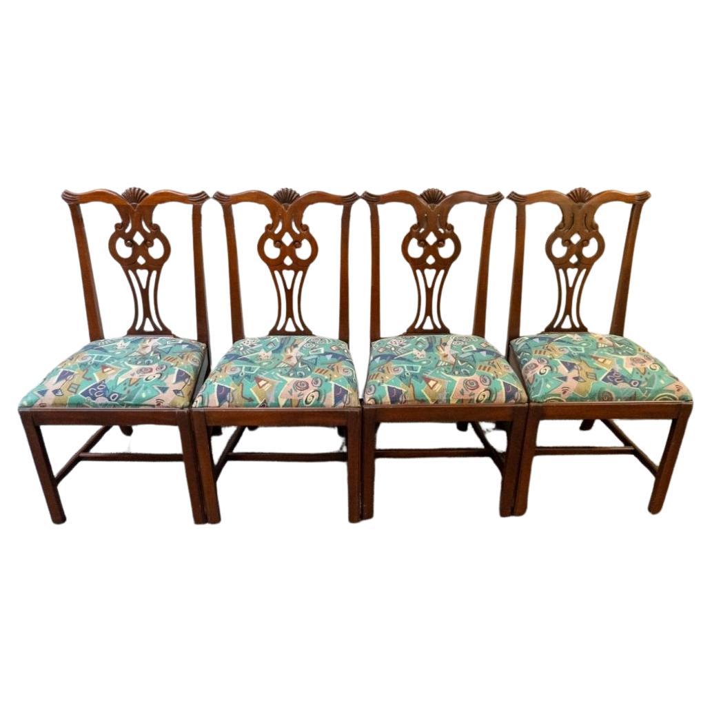 Set of Four Mid Century Young Hinkle Chippendale Mahogany and Upholstered Chairs