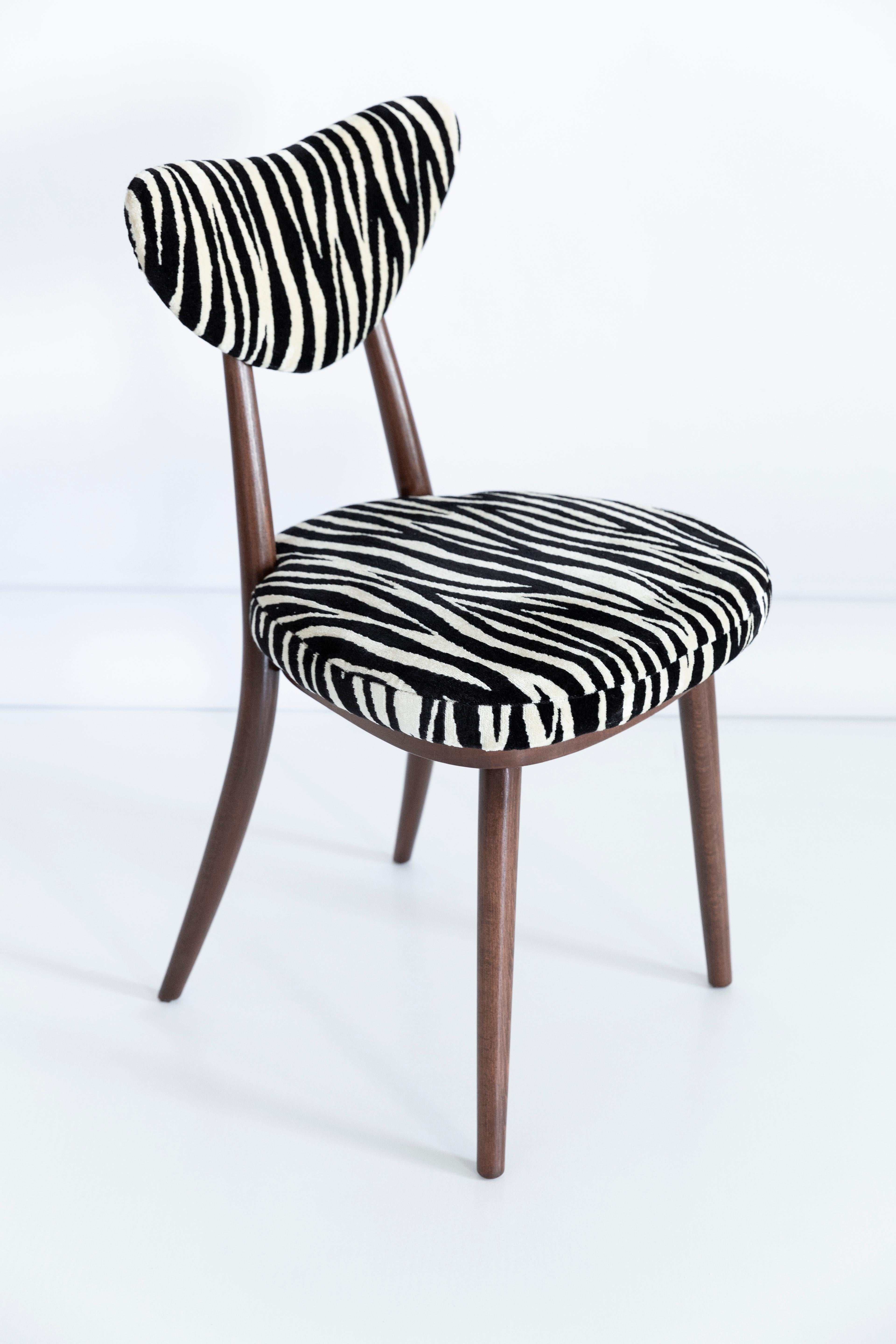 Velvet Set of Four Midcentury Zebra Black and White Heart Chairs, Poland, 1960s For Sale