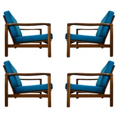 Set of Four Midcentury Armchairs, Blue Velvet Upholstery, Poland, 1960s