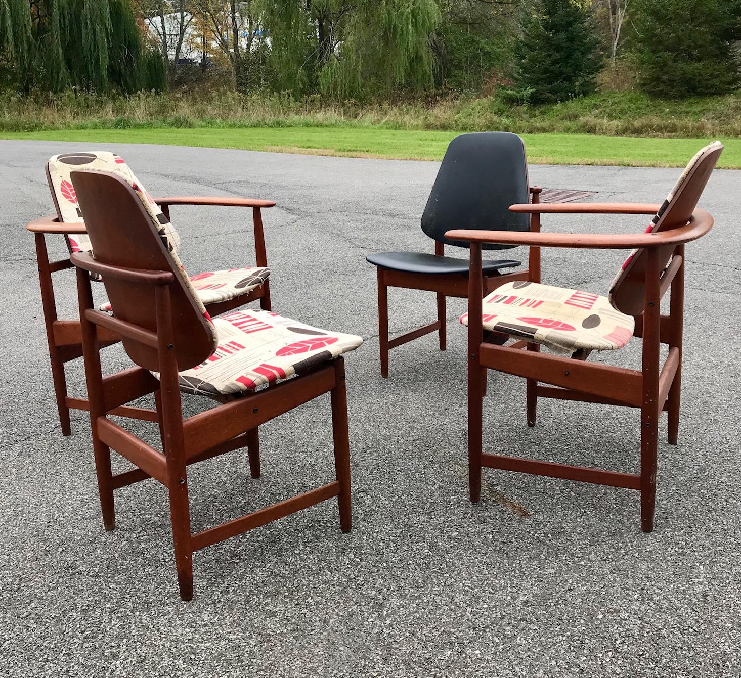 Set of Four Midcentury Arne Hovmand Olsen Danish Teak Armchairs and Side Chairs 1