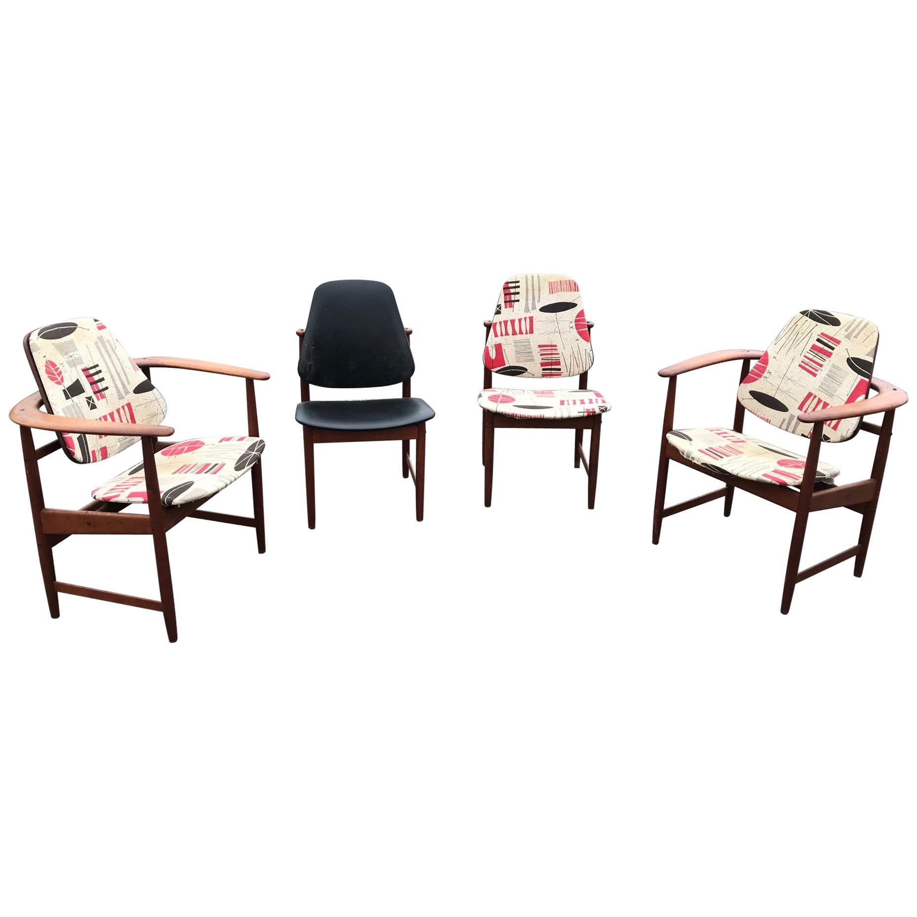 Set of Four Midcentury Arne Hovmand Olsen Danish Teak Armchairs and Side Chairs