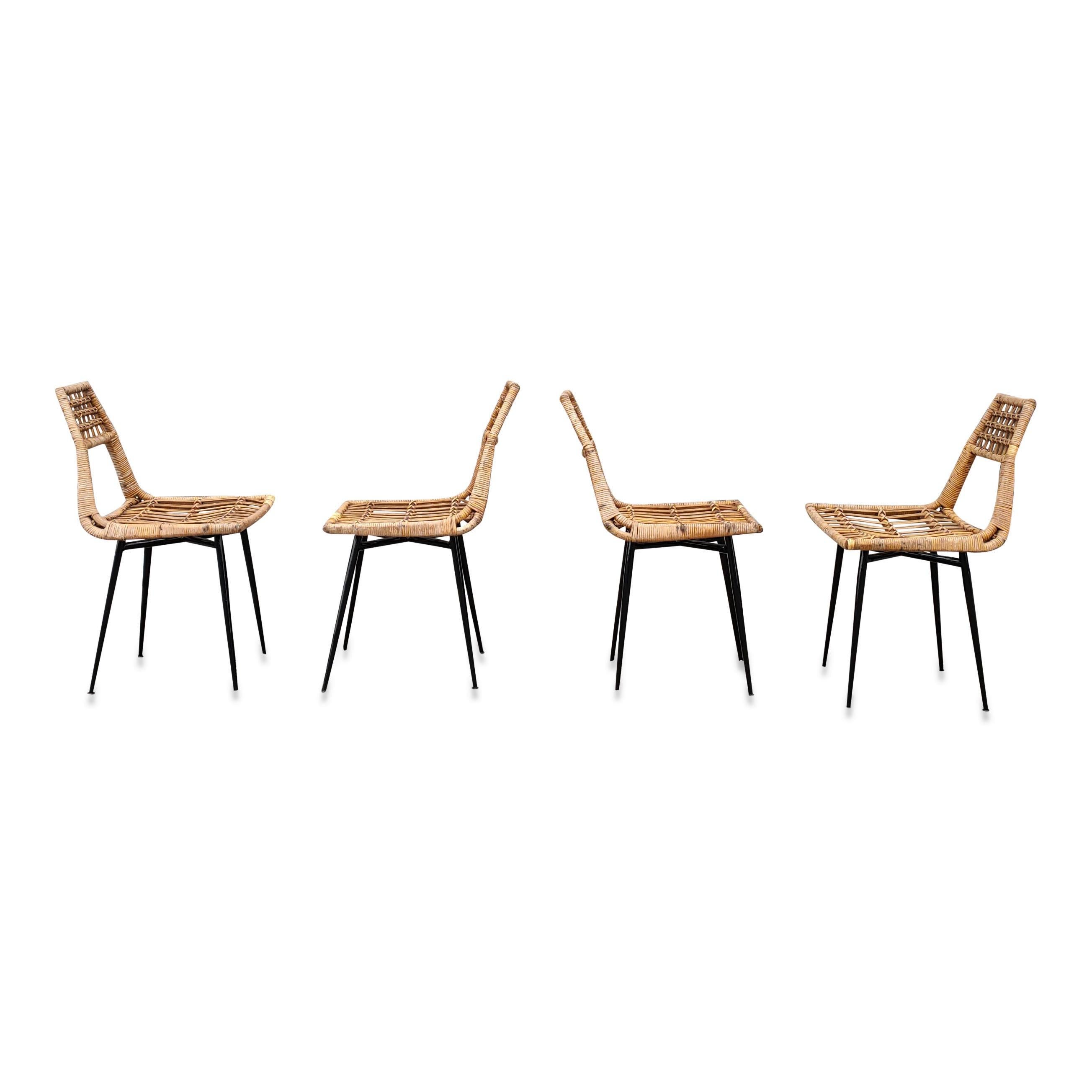 Italian Set of Four Midcentury Basket Rattan Chairs, Italy, 1960s