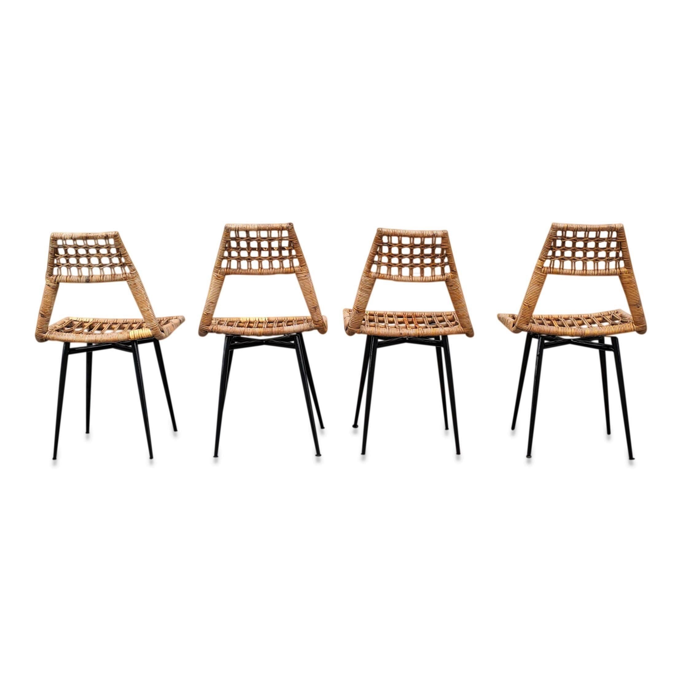 Enameled Set of Four Midcentury Basket Rattan Chairs, Italy, 1960s