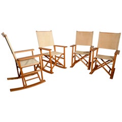 Set of Four Midcentury, Beech and Canvas Rocking Directors Chairs