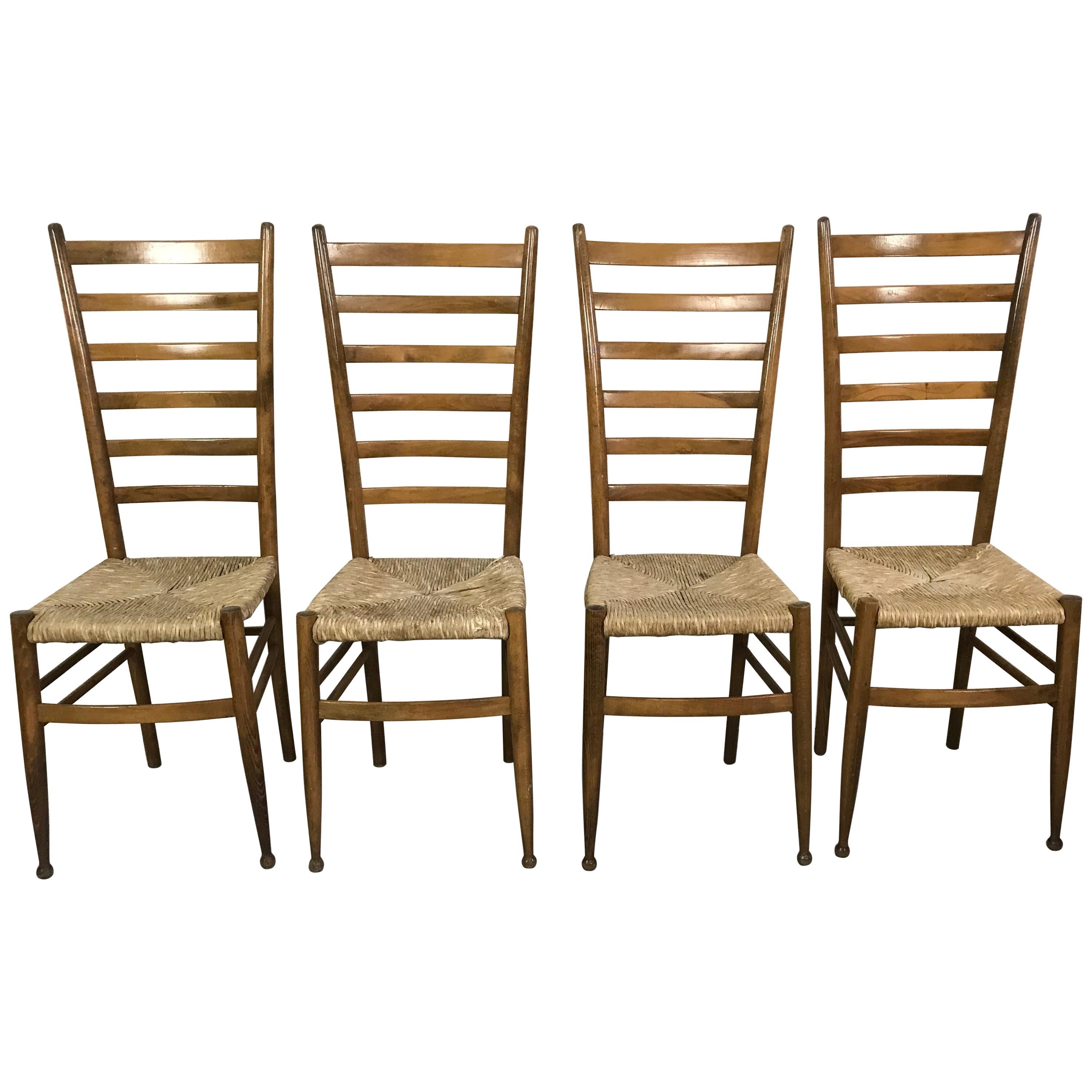 Set of Four Midcentury Beech Ladder Back Dining Chairs in the Style of Gio Ponti For Sale