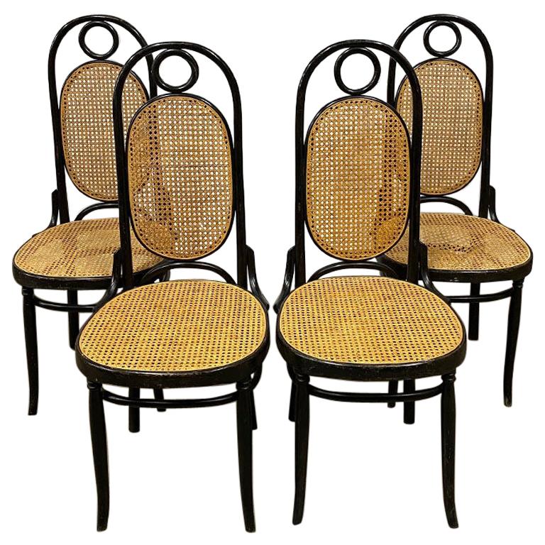 Set of Four Midcentury Bentwood Cane Dining Chairs Italy Attributed to Thonet