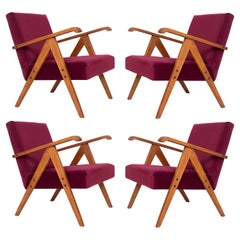 Vintage Set of Four Midcentury Burgundy Velvet VAR Armchairs, Europe, 1960s.