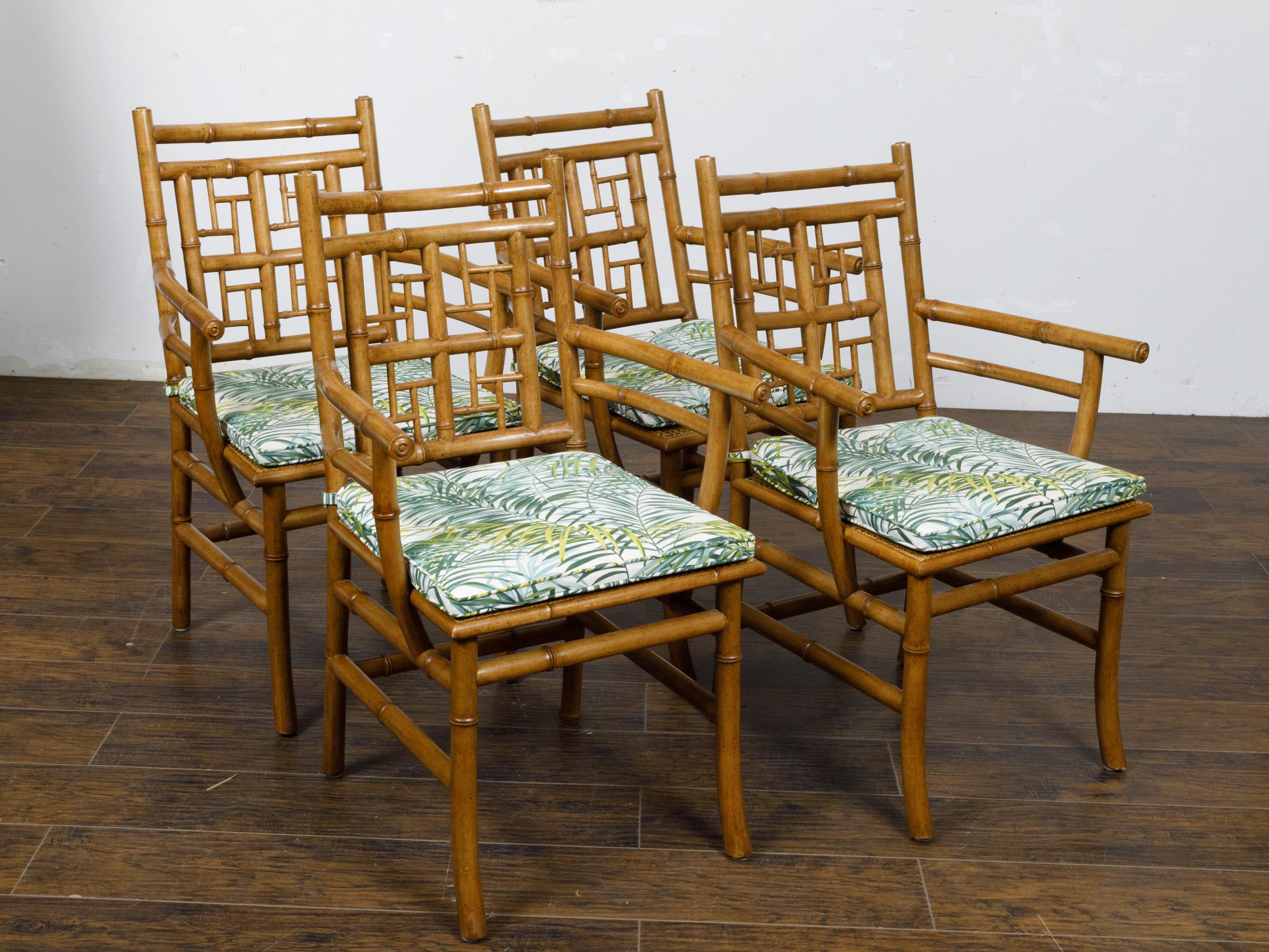 Set of Four Midcentury English Faux Bamboo Armchairs with Thin Cushions For Sale 4