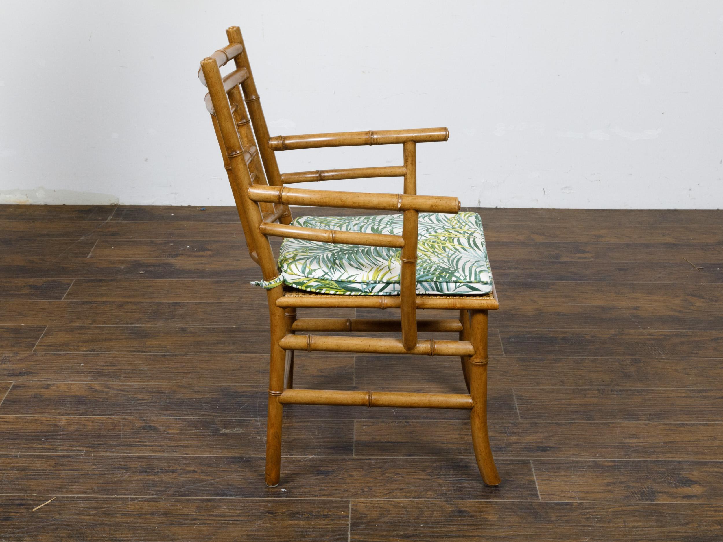 20th Century Set of Four Midcentury English Faux Bamboo Armchairs with Thin Cushions For Sale