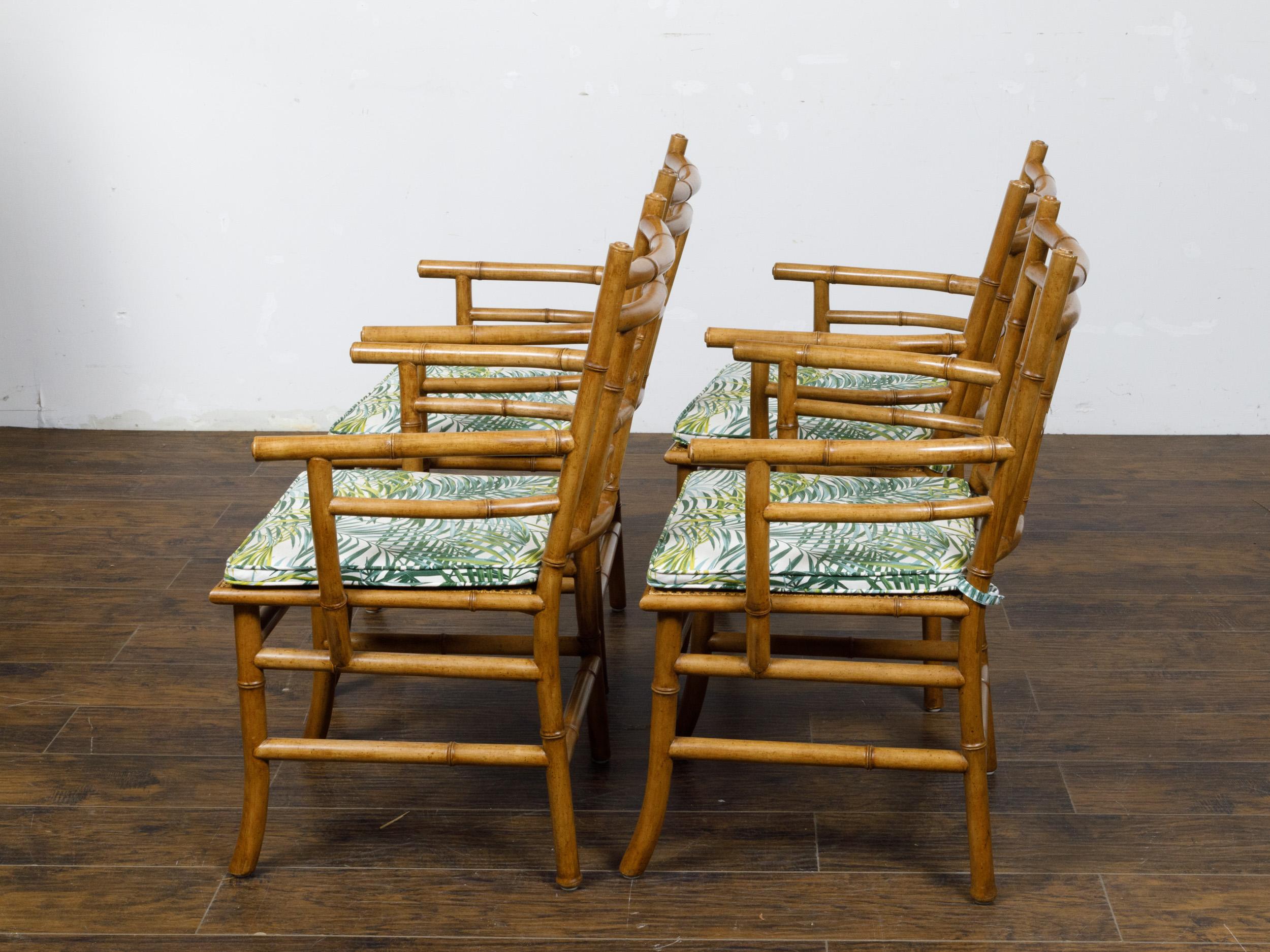 Set of Four Midcentury English Faux Bamboo Armchairs with Thin Cushions For Sale 1