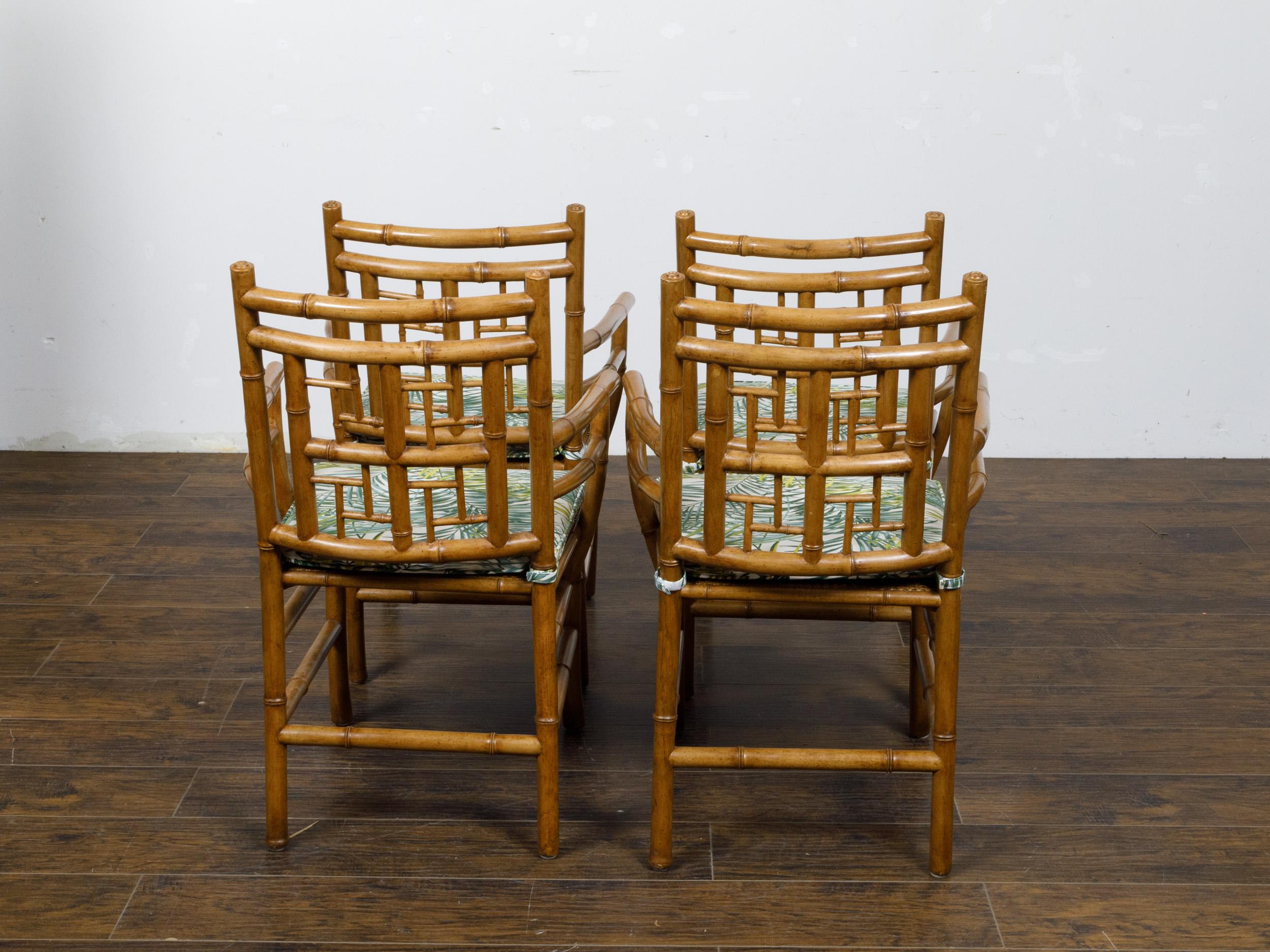 Set of Four Midcentury English Faux Bamboo Armchairs with Thin Cushions For Sale 2