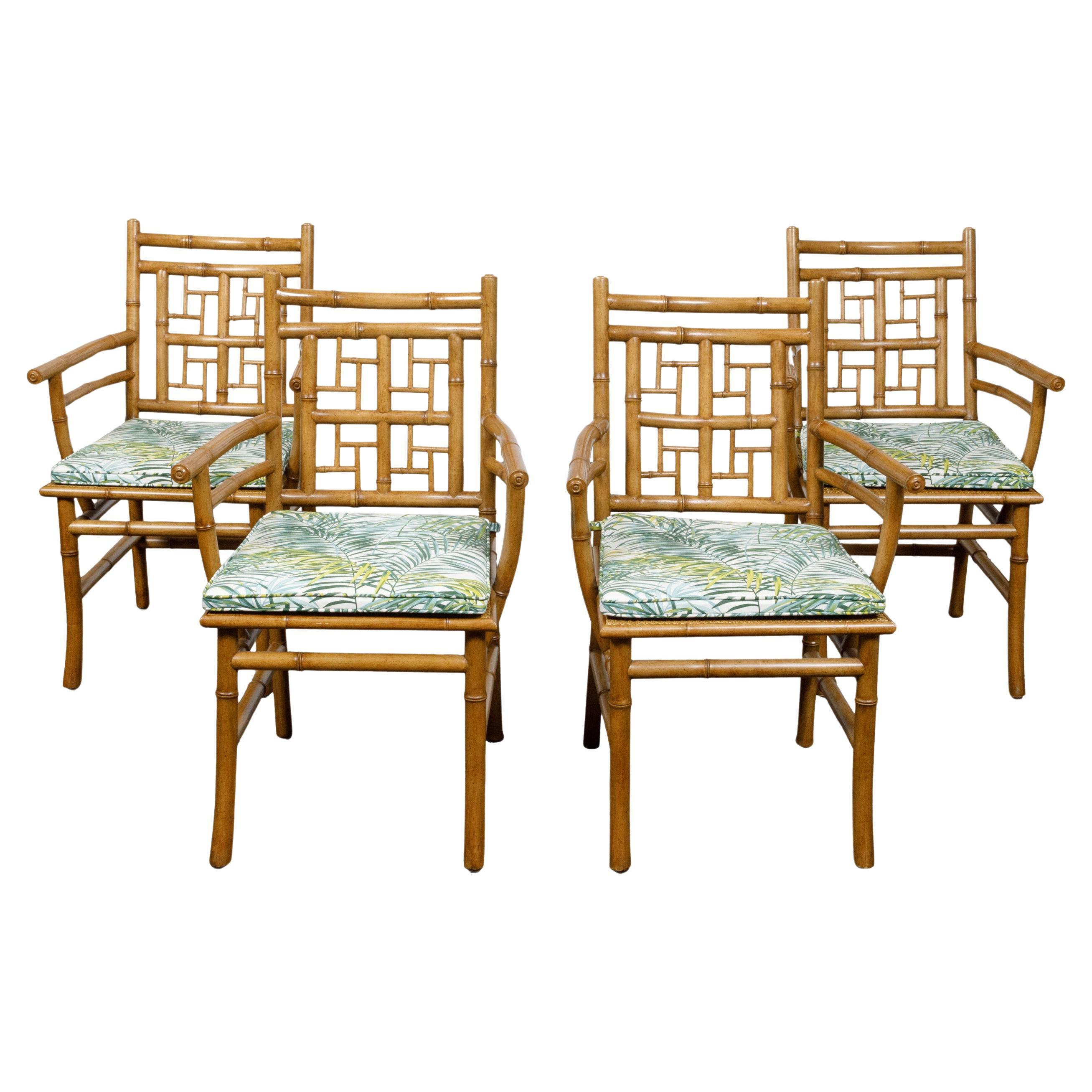 Set of Four Midcentury English Faux Bamboo Armchairs with Thin Cushions For Sale