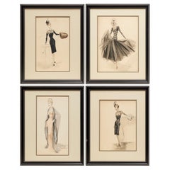 Set of Four Midcentury Fashion Illustrations in the Style of Vogue, c. 1940s–50s