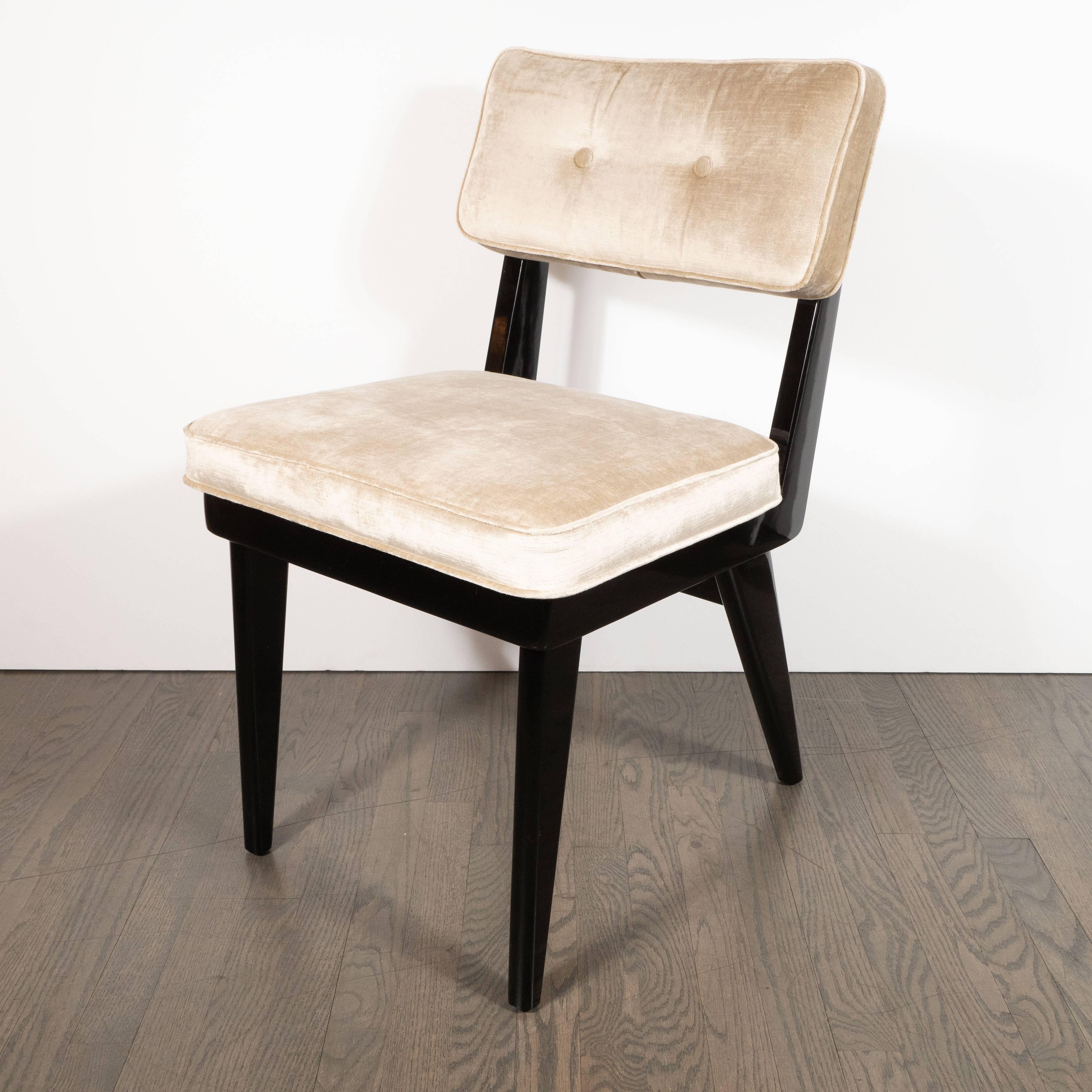 Mid-Century Modern Set of Four Midcentury Game/ Dining Chairs in Ebonized Walnut & Platinum Velvet
