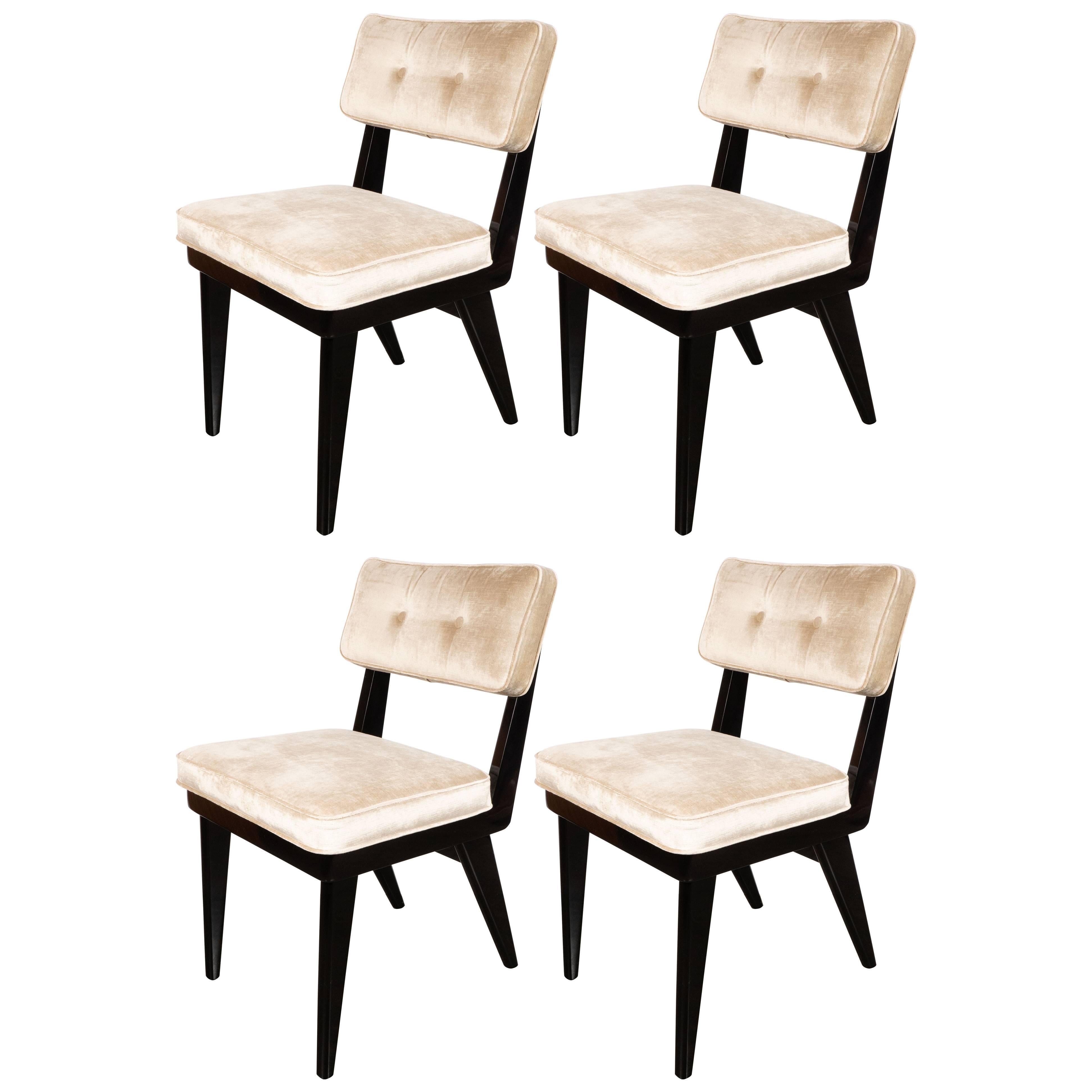 Set of Four Midcentury Game/ Dining Chairs in Ebonized Walnut & Platinum Velvet