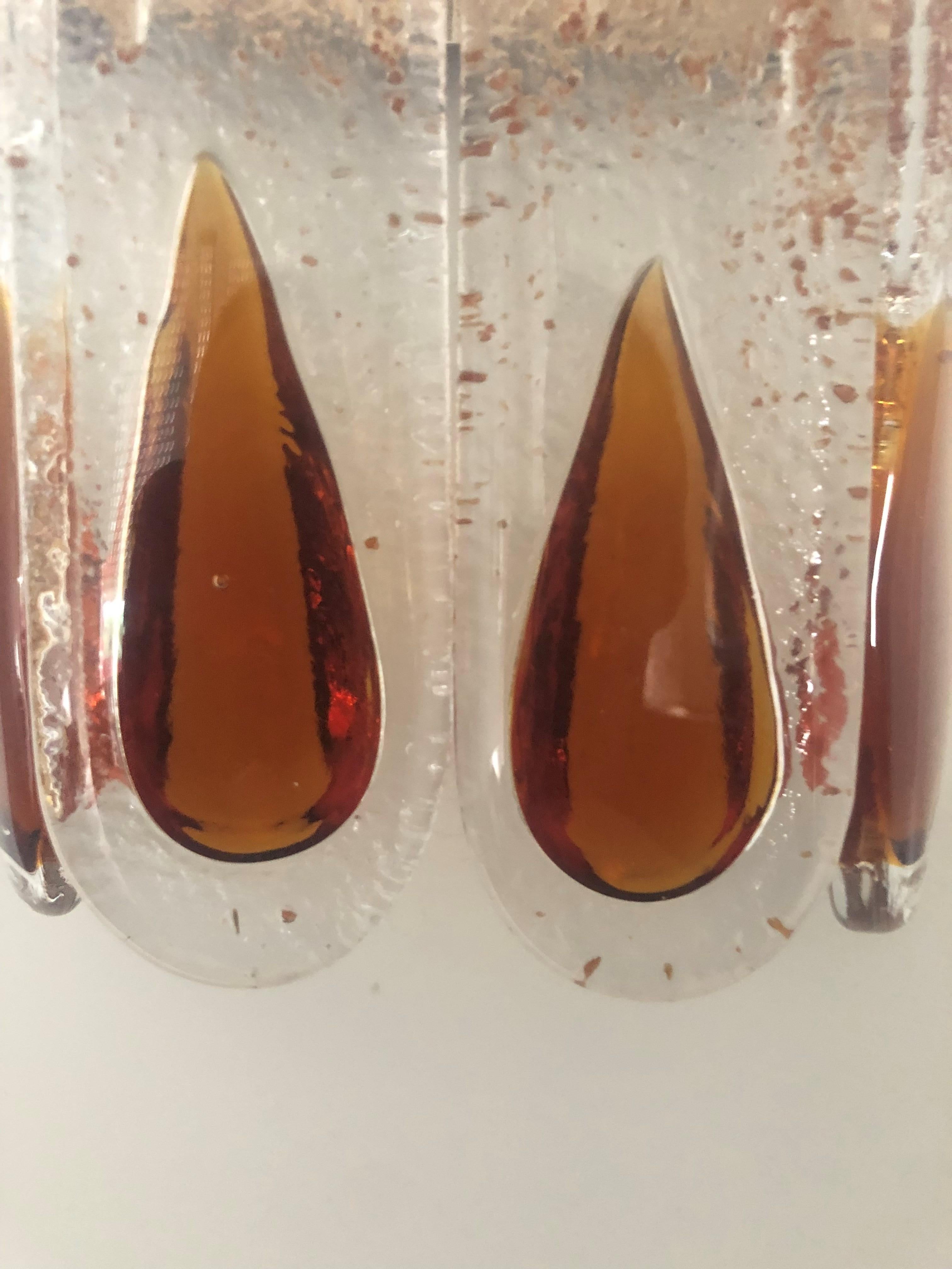 Metal Set of Four Midcentury Italian Amber Murano Wall Lamps by Mazzega, 1970s