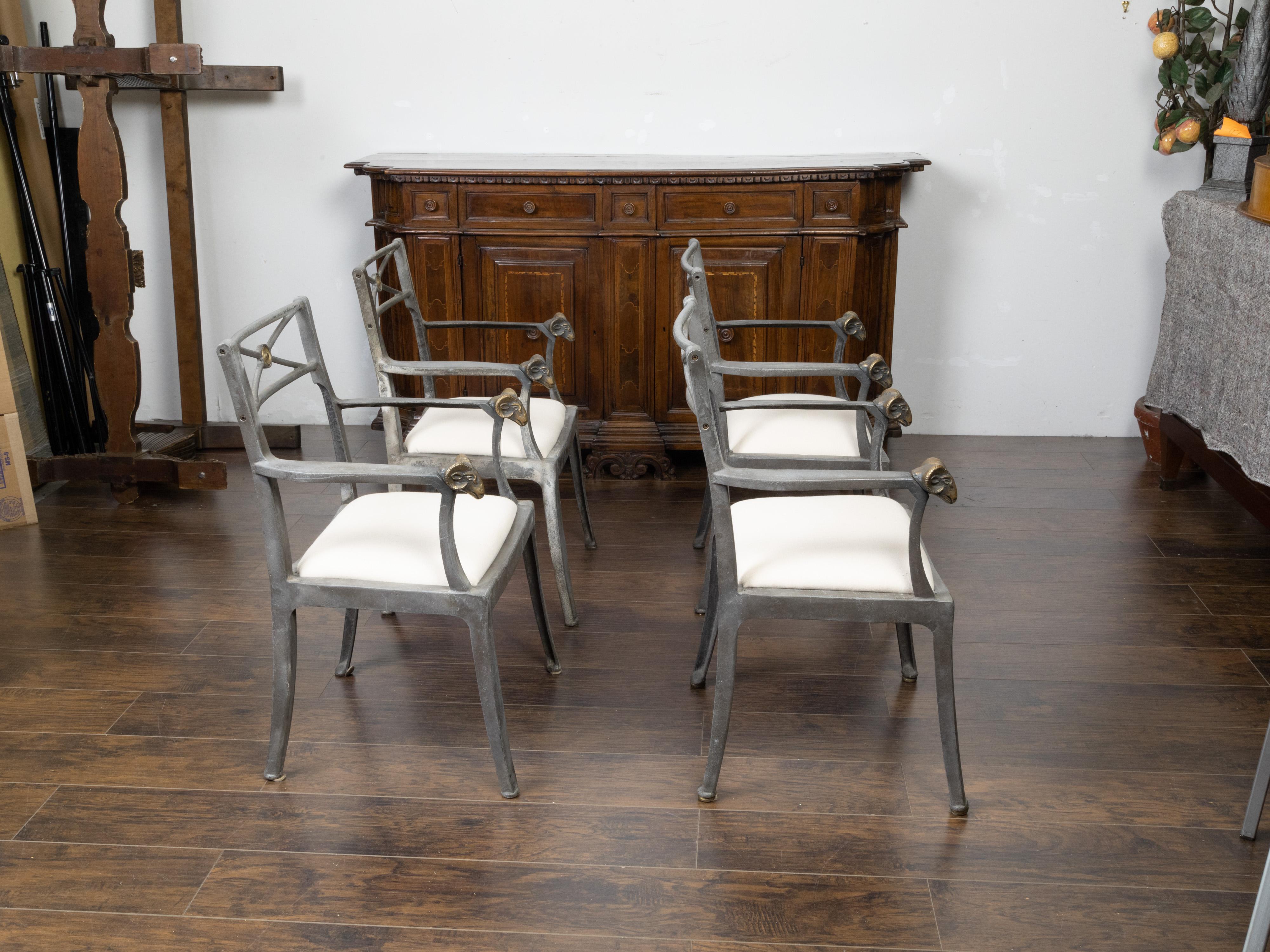 Mid-Century Modern Set of Four Midcentury Italian Metal Armchairs with Brass Rams' Heads For Sale