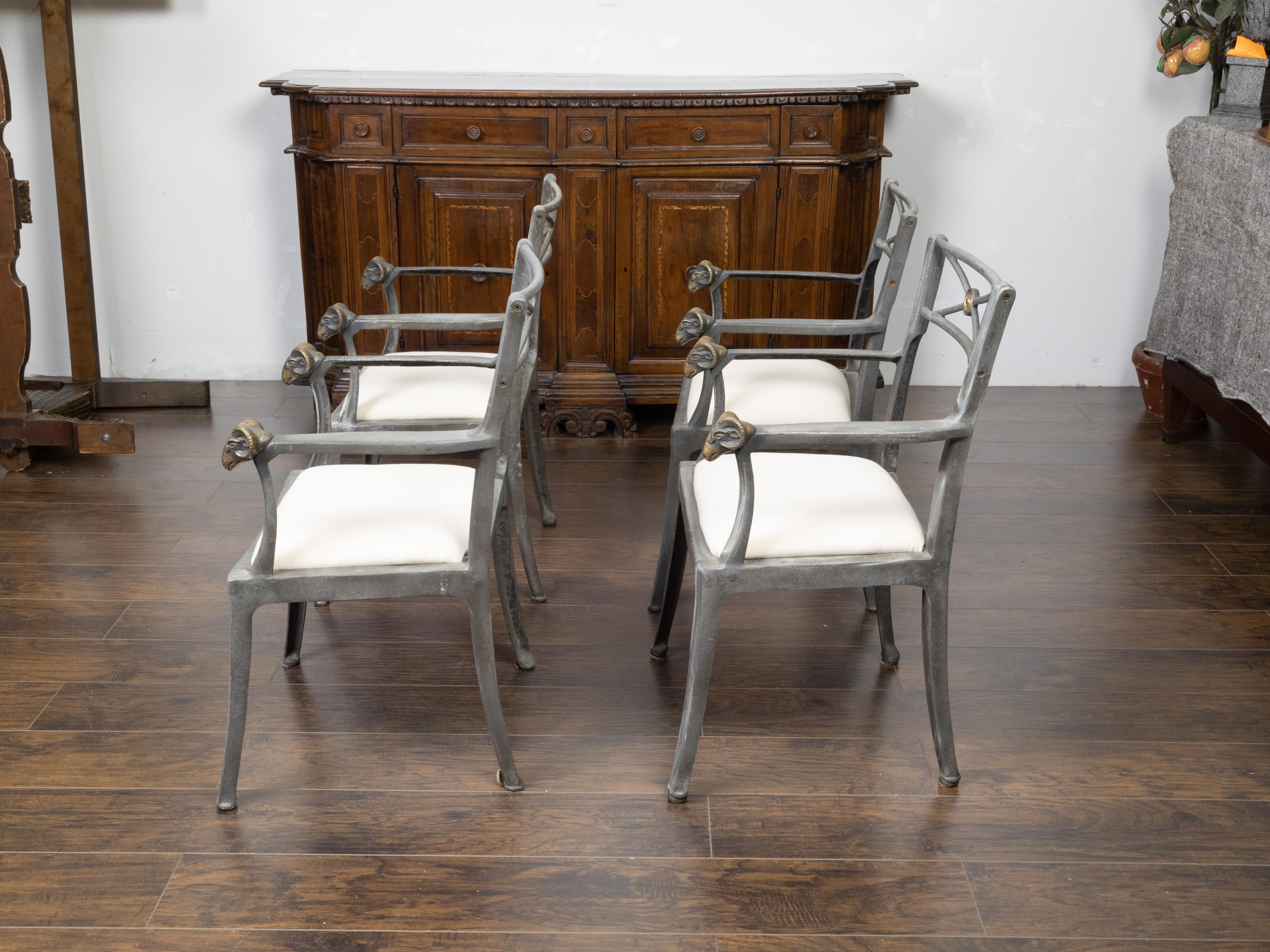20th Century Set of Four Midcentury Italian Metal Armchairs with Brass Rams' Heads For Sale