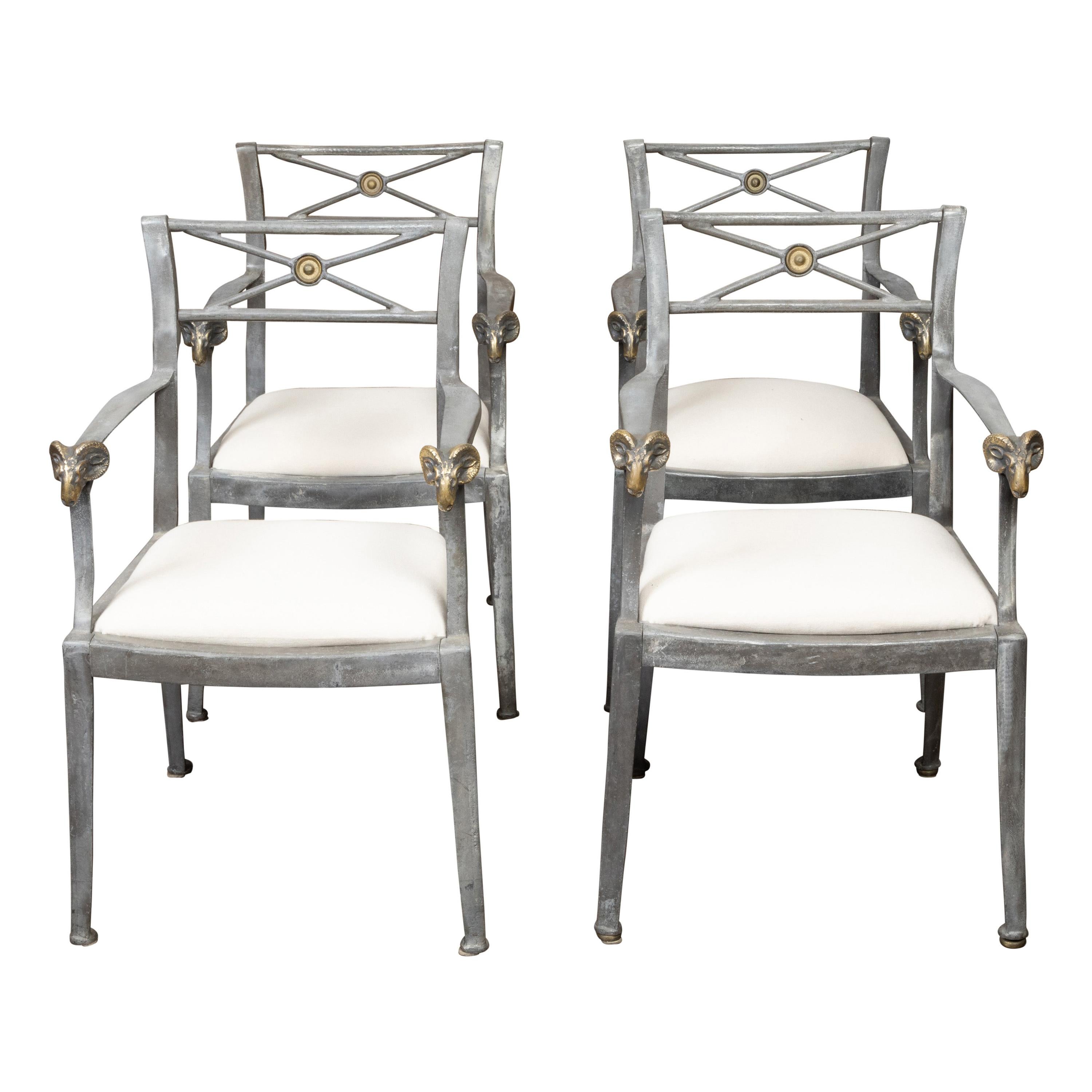 Set of Four Midcentury Italian Metal Armchairs with Brass Rams' Heads