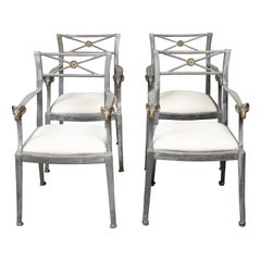 Vintage Set of Four Midcentury Italian Metal Armchairs with Brass Rams' Heads