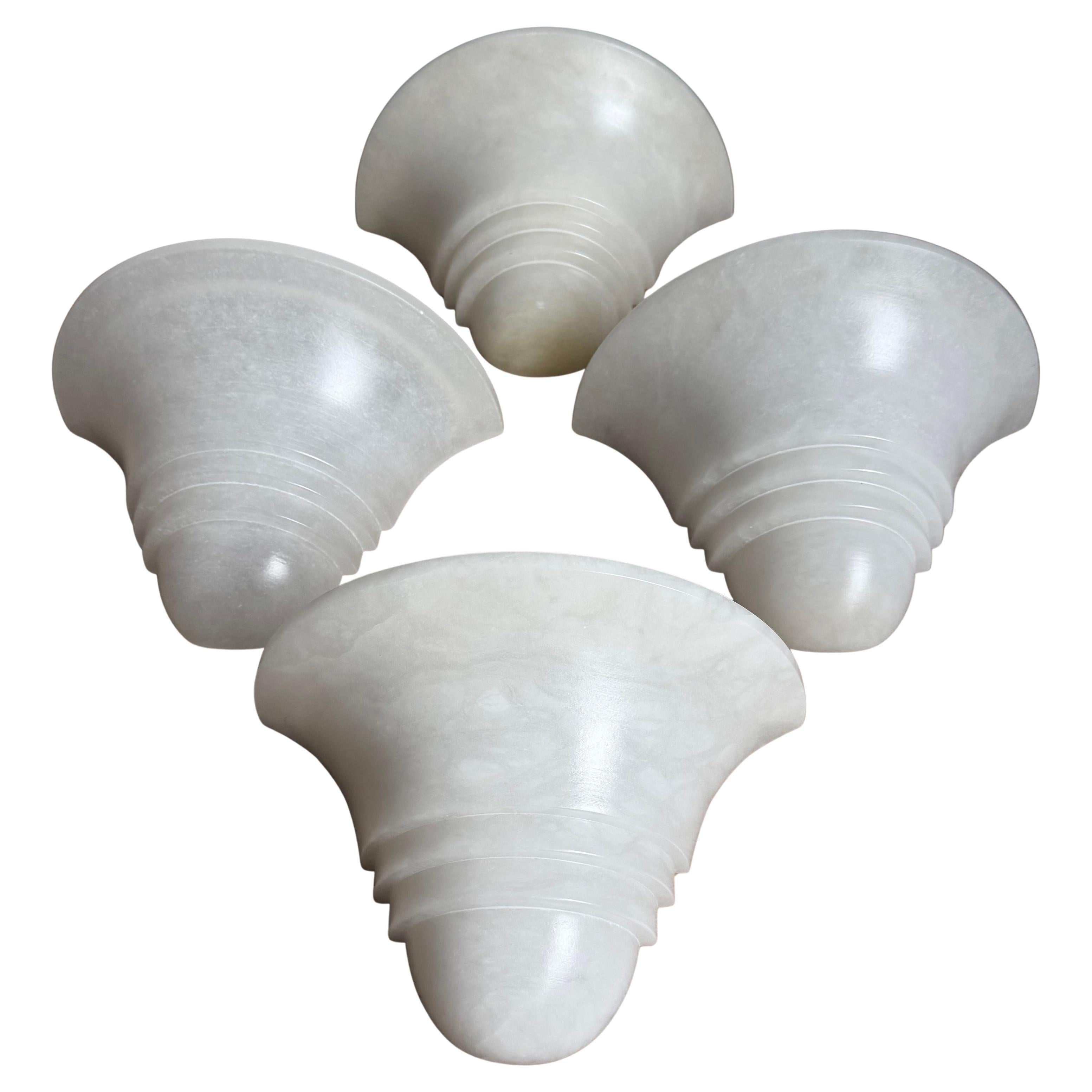 Set of four Midcentury Made Art Deco Style L Size White Alabaster Wall Sconces For Sale