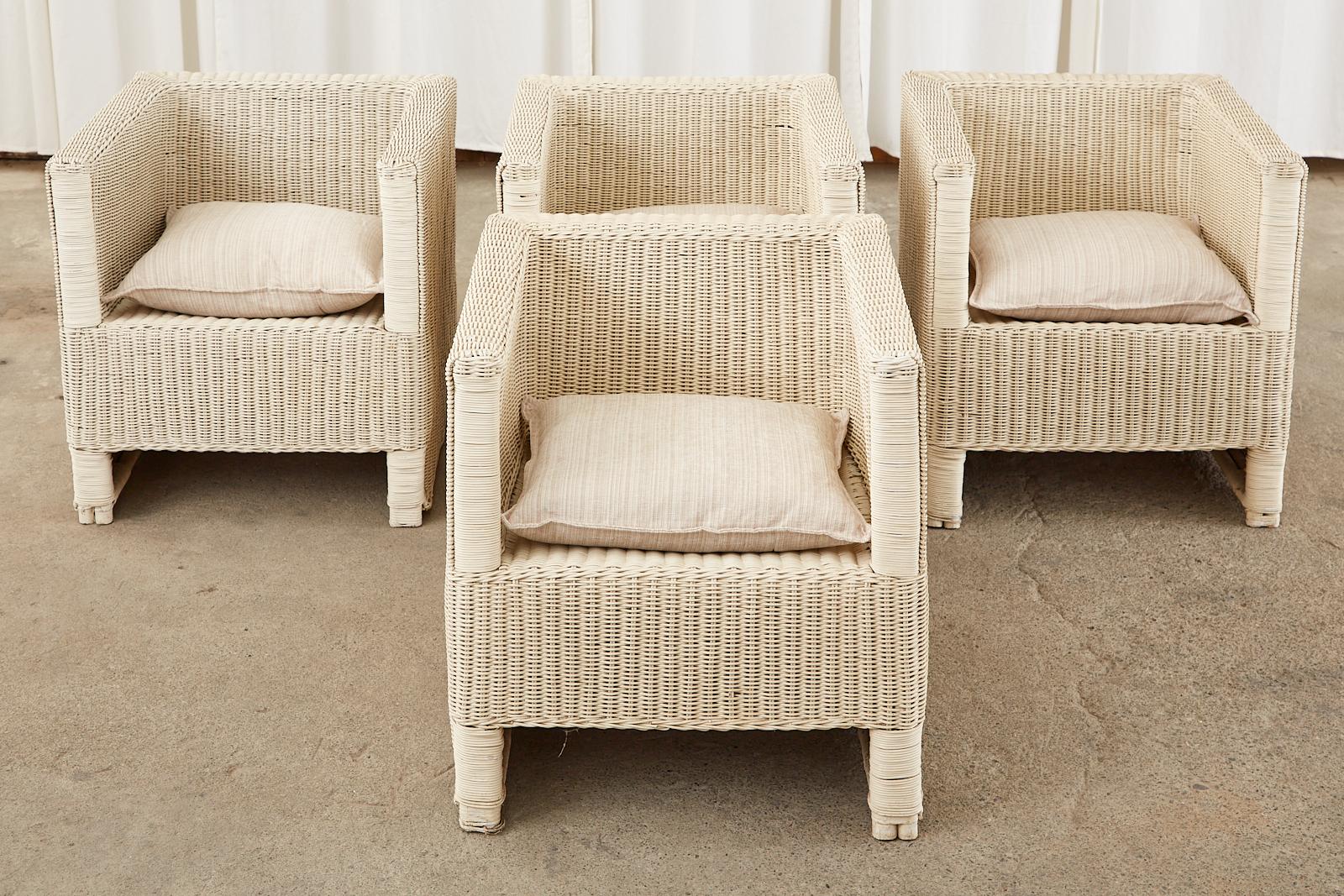 Mid-Century Modern Set of Four Midcentury Painted Wicker Rattan Cube Chairs For Sale