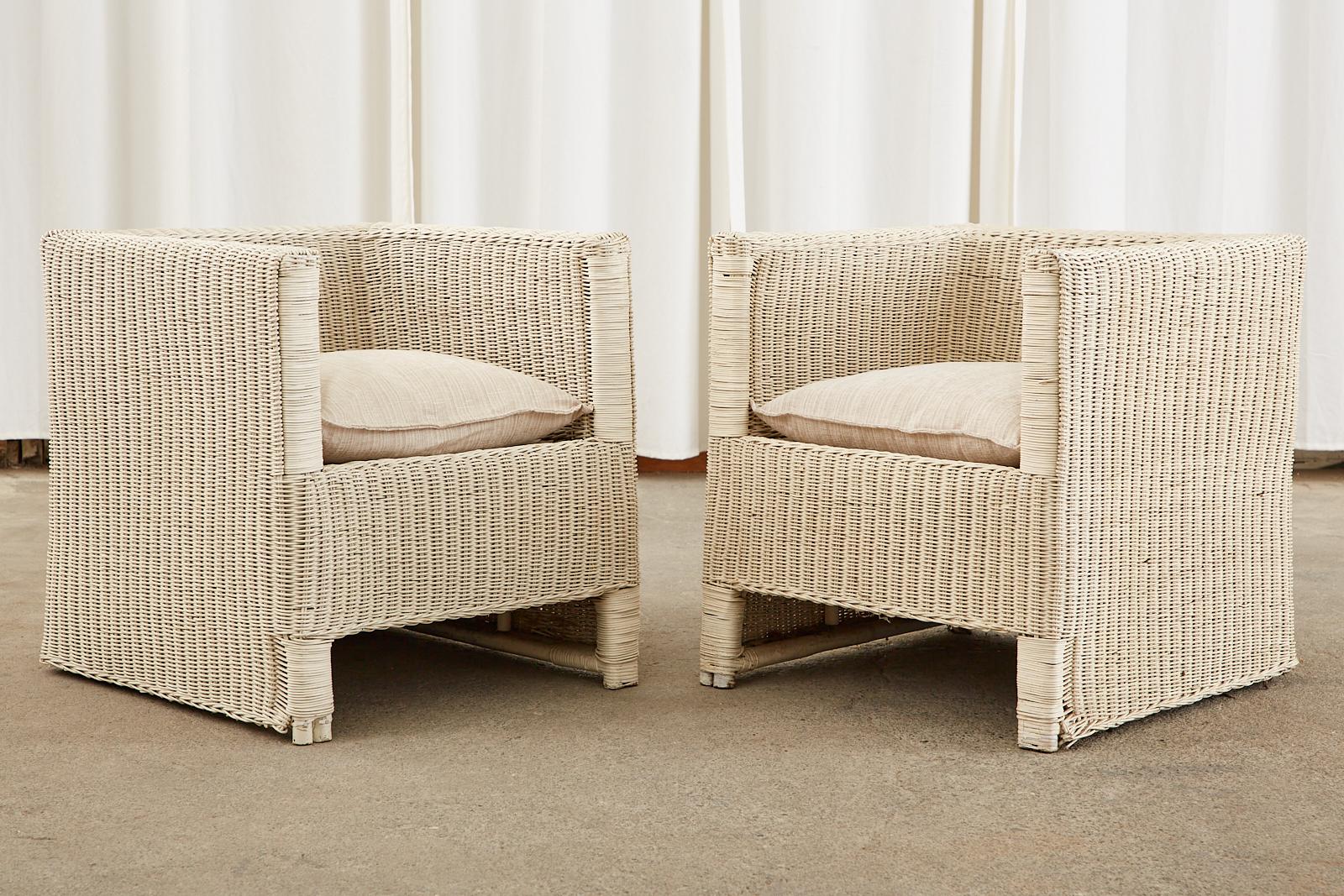 20th Century Set of Four Midcentury Painted Wicker Rattan Cube Chairs For Sale