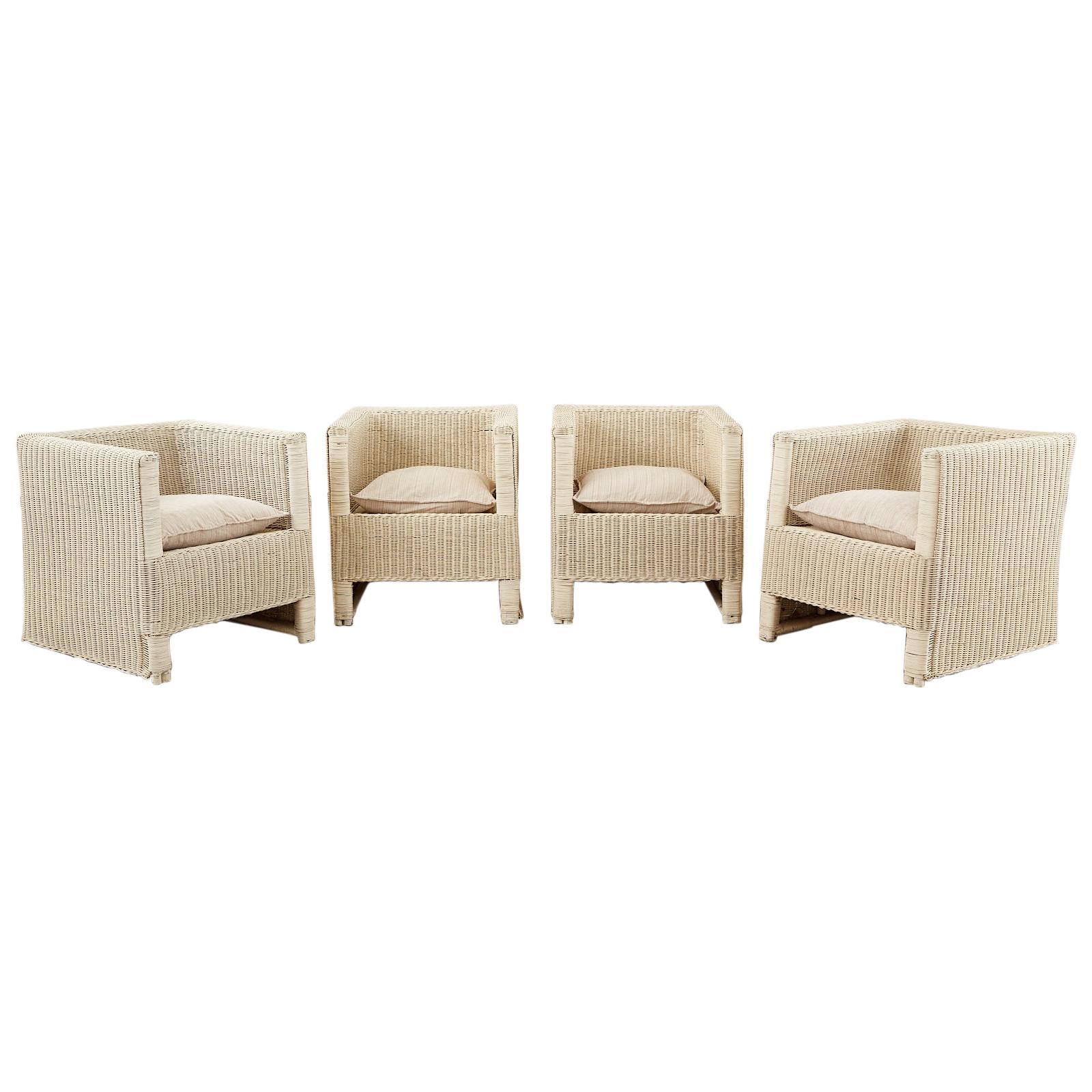 Set of Four Midcentury Painted Wicker Rattan Cube Chairs For Sale