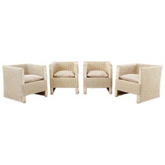 Set of Four Midcentury Painted Wicker Rattan Cube Chairs