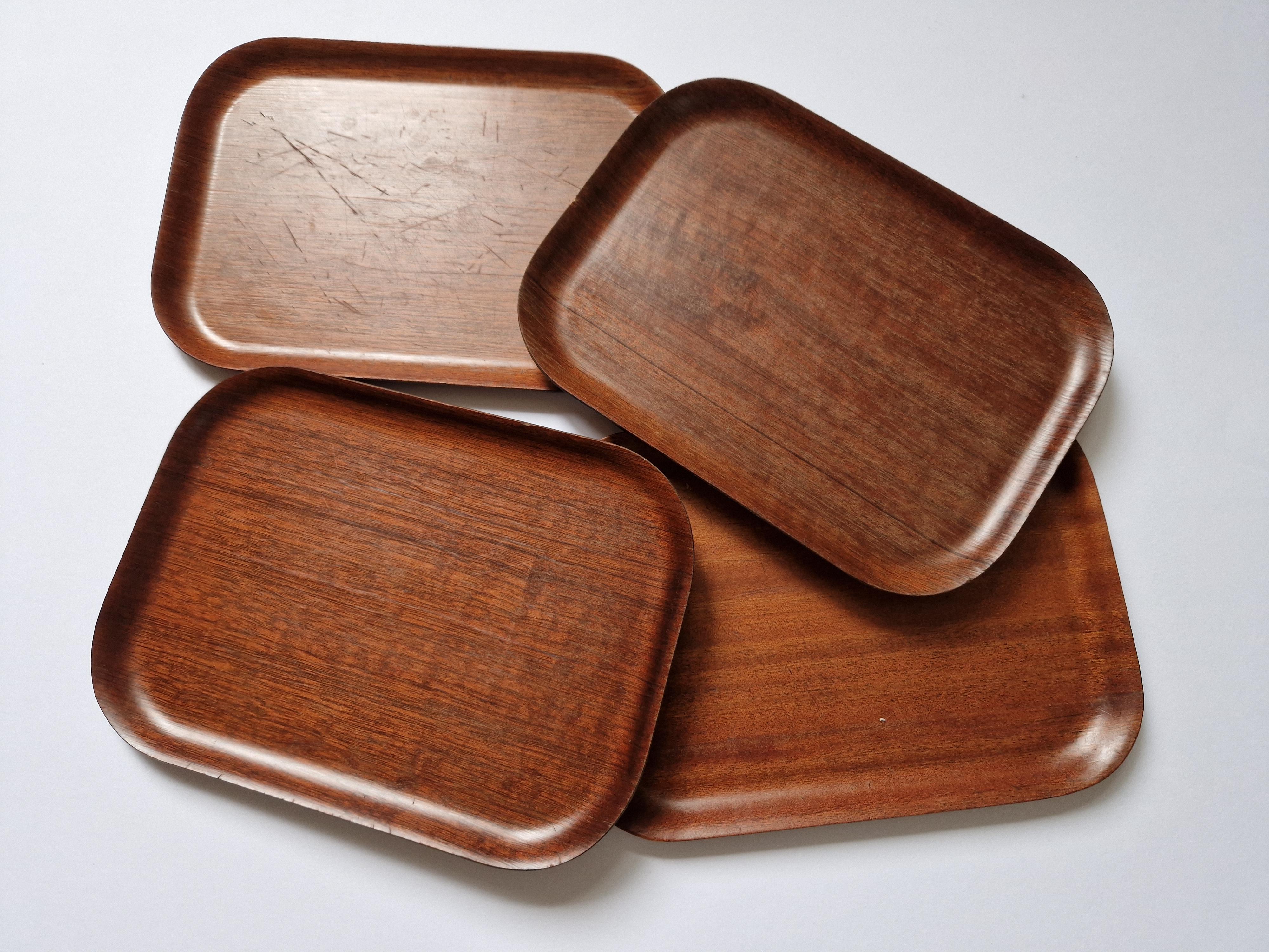 Veneer Set of Four Midcentury Serving Teak Trays Backman for Airlines, Finland, 1960s For Sale